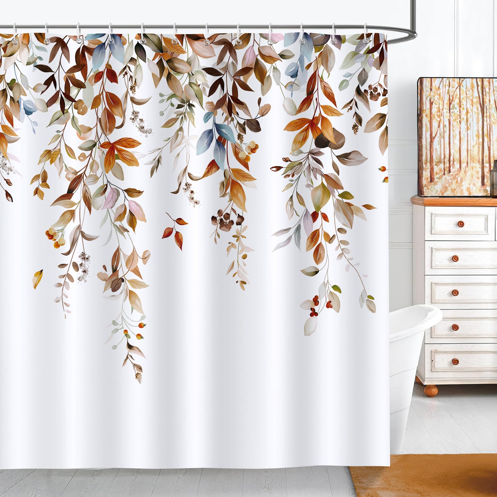 Bonhause Brown Eucalyptus Shower Curtain, Watercolor Plant Leaves Bathroom Curtain 72 X 72 Inch Polyester Fabric Waterproof Bath