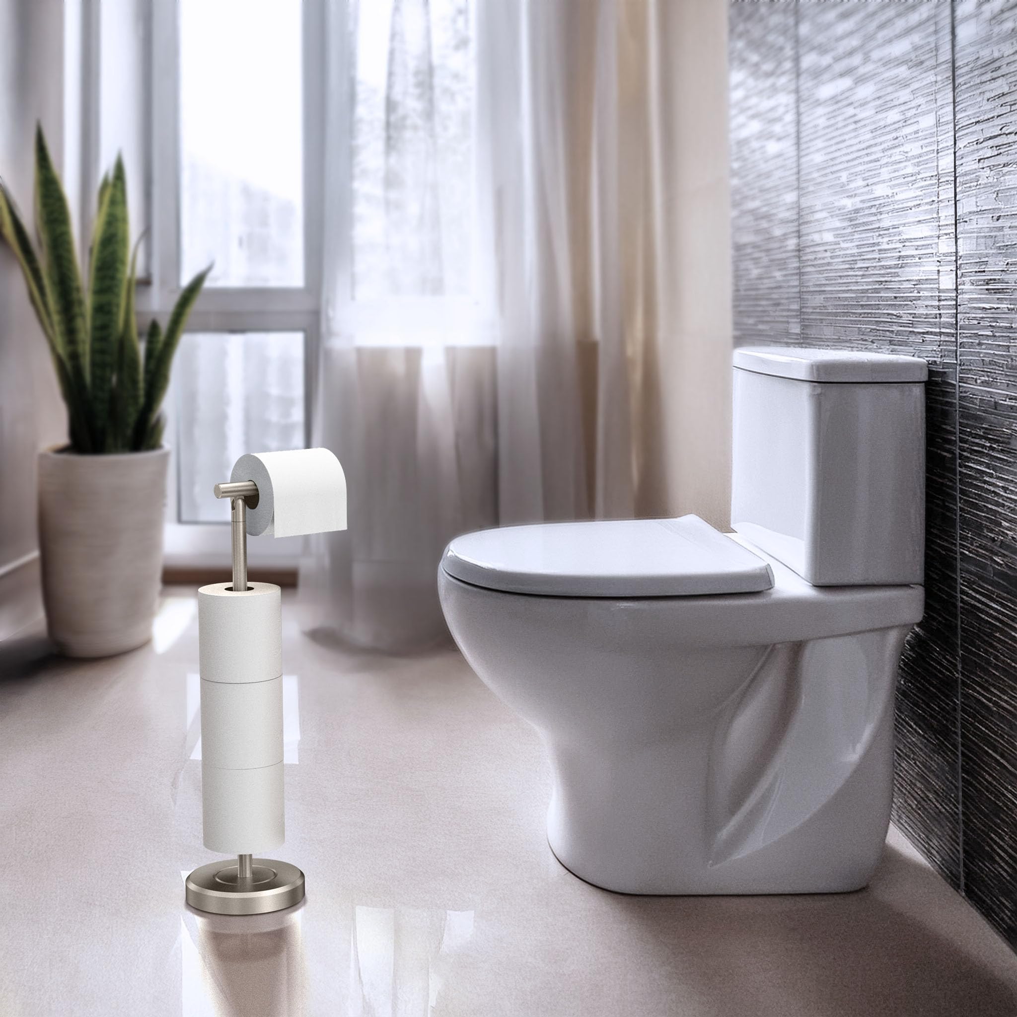 Gatco 1448Sn Latitude Ii Freestanding Toilet Paper Holder With Storage, Satin Nickel/Stand Alone 22.25'' H Toilet Tissue Stand W