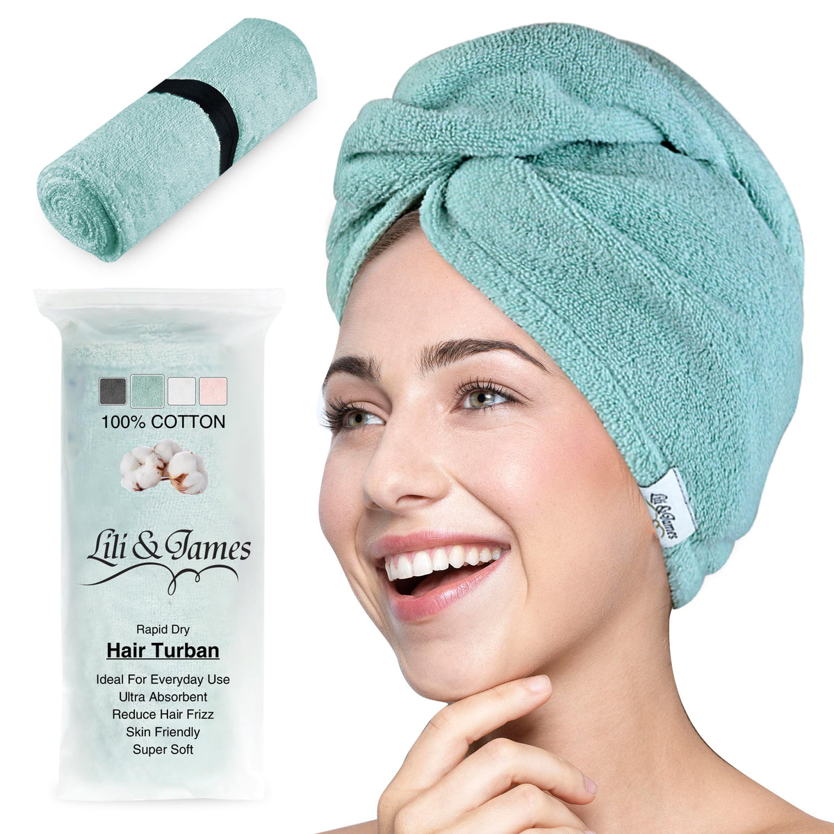 Lili&James Cotton Hair Towel Wrap for Women/Kids | Quick Dry, Soft & Absorbent Hair Wrap Towels with Double Button | Anti Frizz,