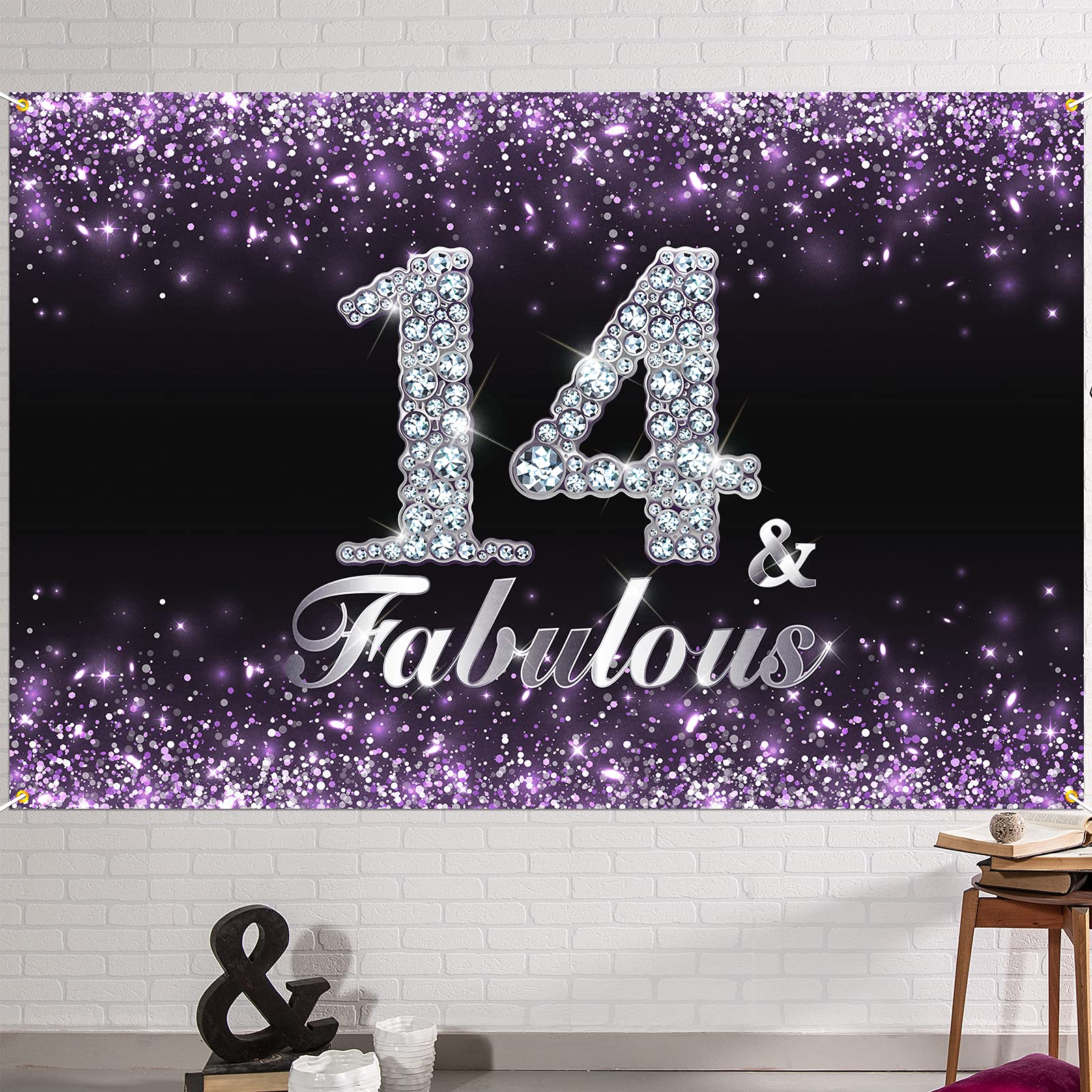 Hamigar 6X4Ft Happy 14Th Birthday Banner Backdrop - 14 & Fabulous Birthday Decorations Party Supplies For Girls - Purple