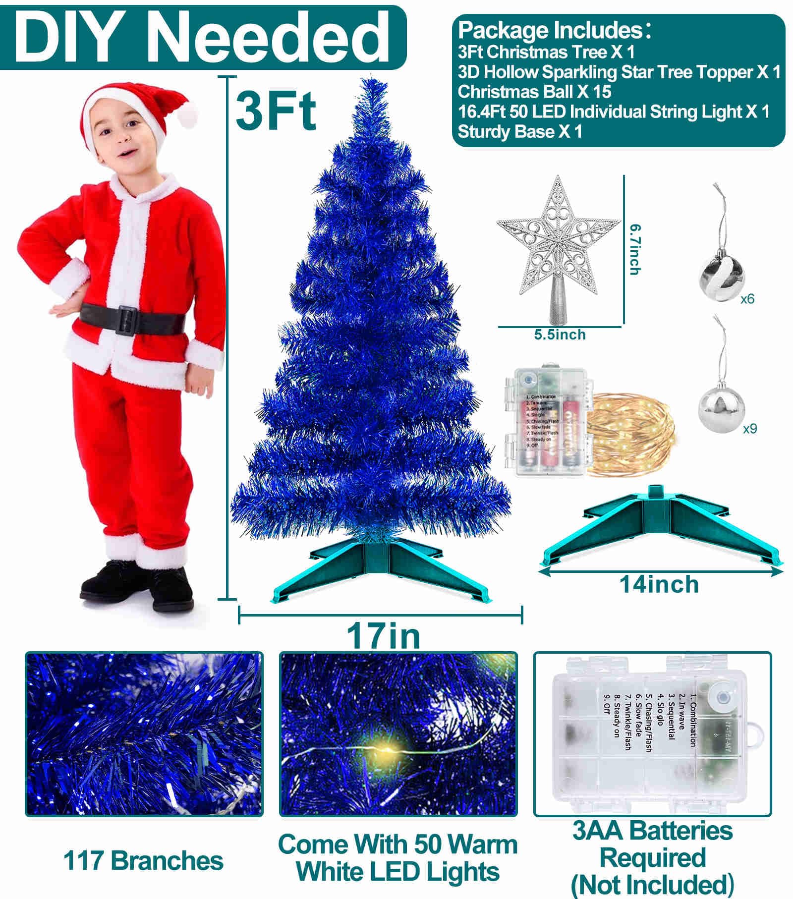 TURNMEON 3 Ft Christmas Hanukkah Tree with Lights Timer 15 DIY Ball Ornament Star Blue Small Tinsel Tree Battery Operated Christ