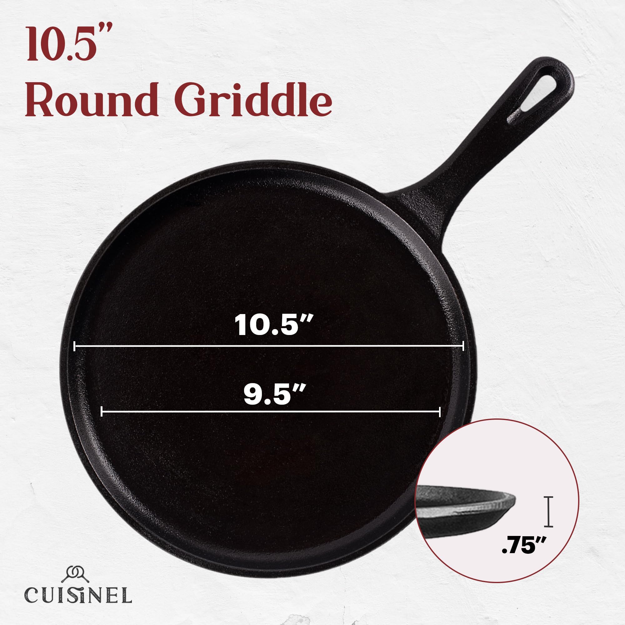 Cuisinel Cast Iron Round Griddle - 10.5'' Crepe Maker Pan + Silicone Handle Cover - Pre-Seasoned Comal For Tortillas Flat Skille