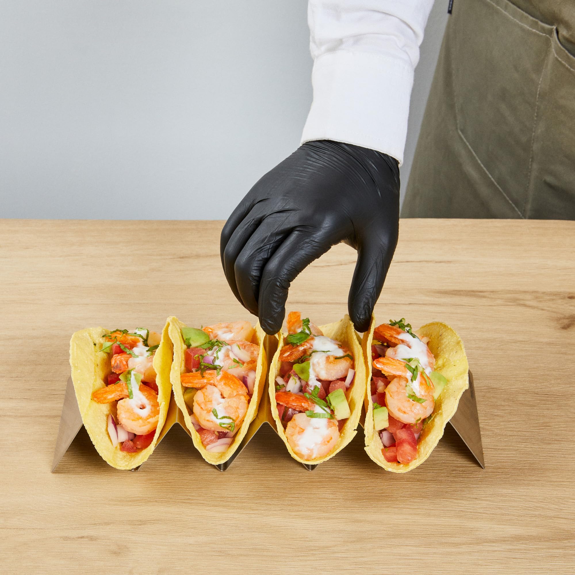 Restaurantware 10.7 Inch X 4 Inch Taco Stand 1 Holds 4 Tacos Taco Rank - Reversible Dishwasher Safe Stainless Steel Taco Holder