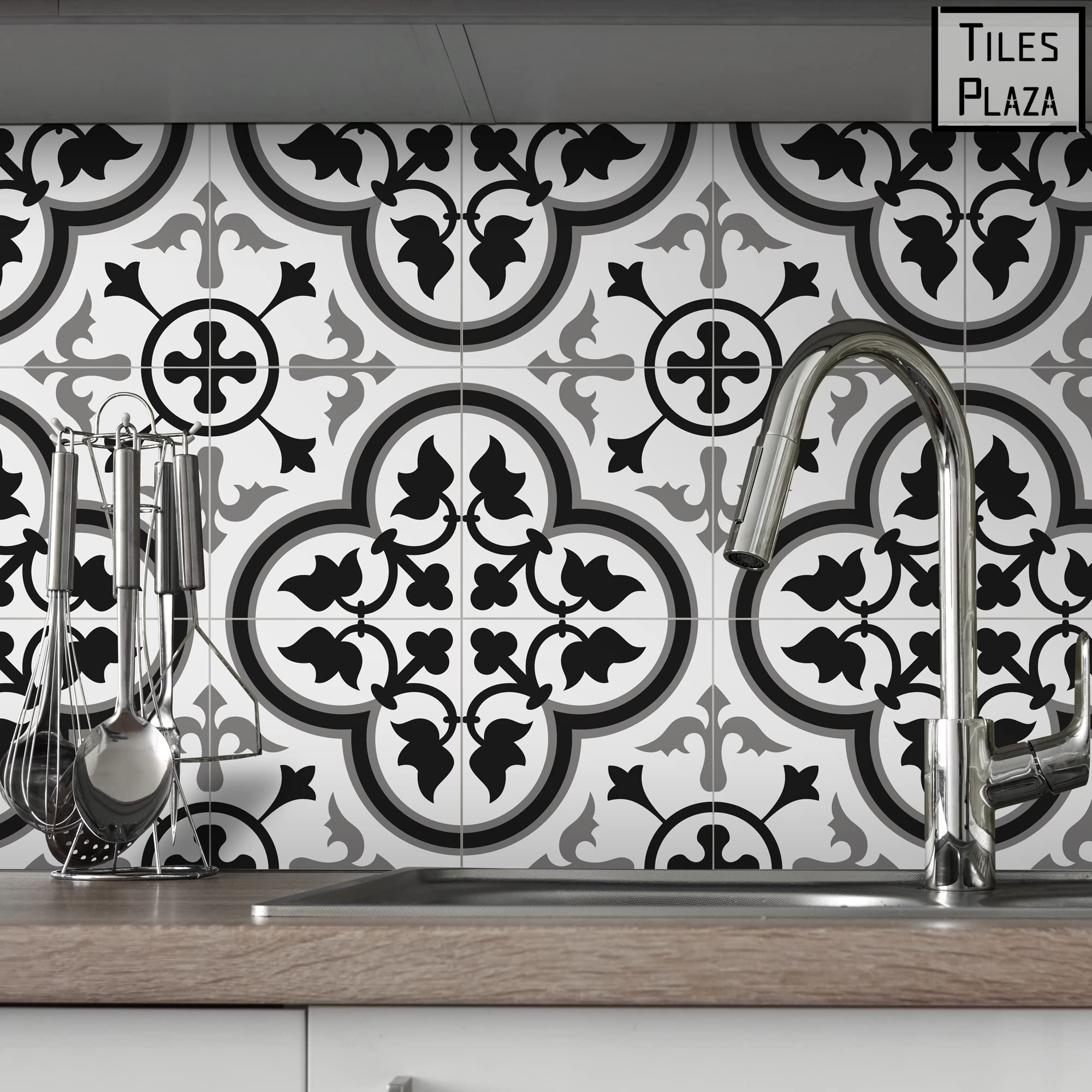 The Tiles Plaza Peel And Stick Encaustic Backsplash Tile. Grey Patterned Vintage Stick On Tile. Self-Adhesive Wall Tile Sticker