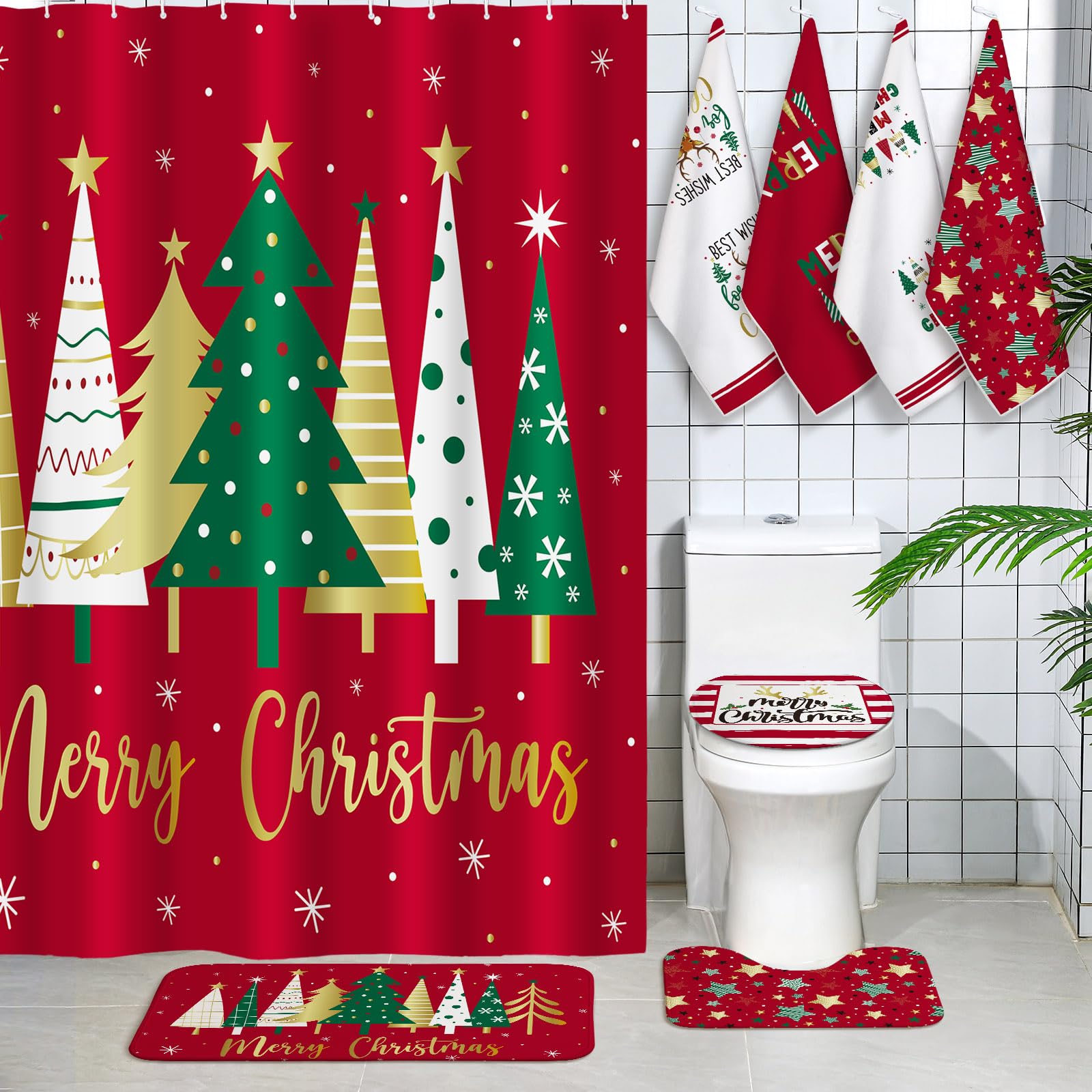 Honoson 8 Pcs Christmas Shower Curtain Set with Rugs and Kitchen Towels Farmhouse Christmas Tree Shower Curtain Bathroom Set for