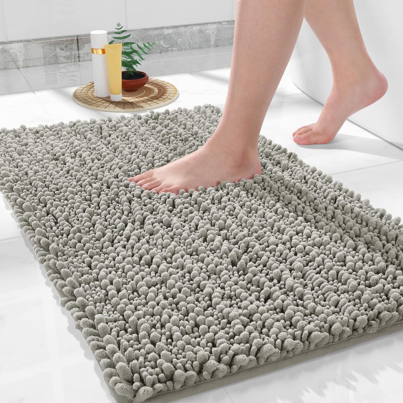 Yimobra Original Luxury Chenille Bath Mat  24 x 17 Inches  Soft Shaggy and Comfortable  Large Size  Super Absorbent and Thick  Non-Slip  Machine Washable  Perfect for Bathroom  Sand
