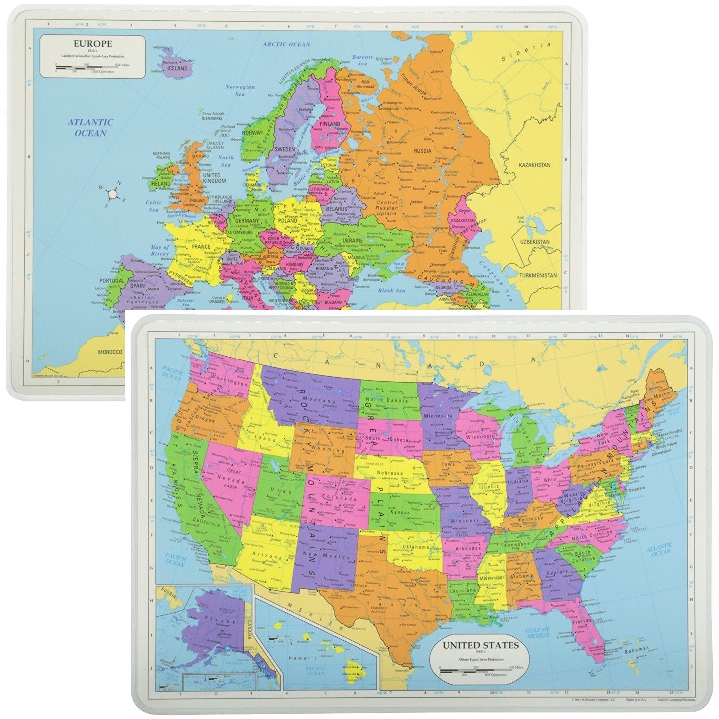 Painless Learning Educational Placemats Sets Usa And Europe Maps Non Slip Washable