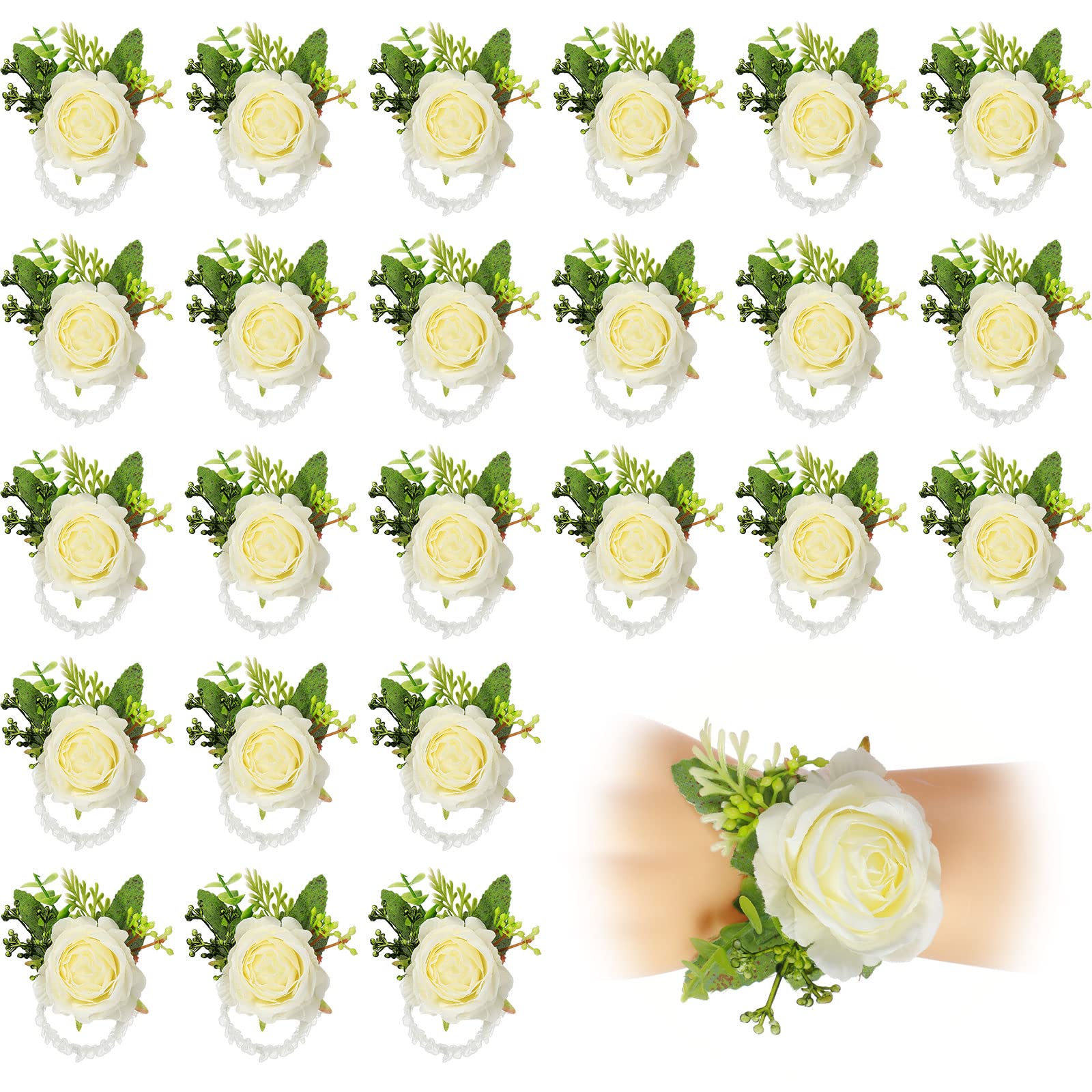 Sherr 24 Pcs Wedding Rose Wrist Corsage Wristlet Band for Bridal Bridesmaid Women Flowers Bracelets Decor Wedding Artificial Flo