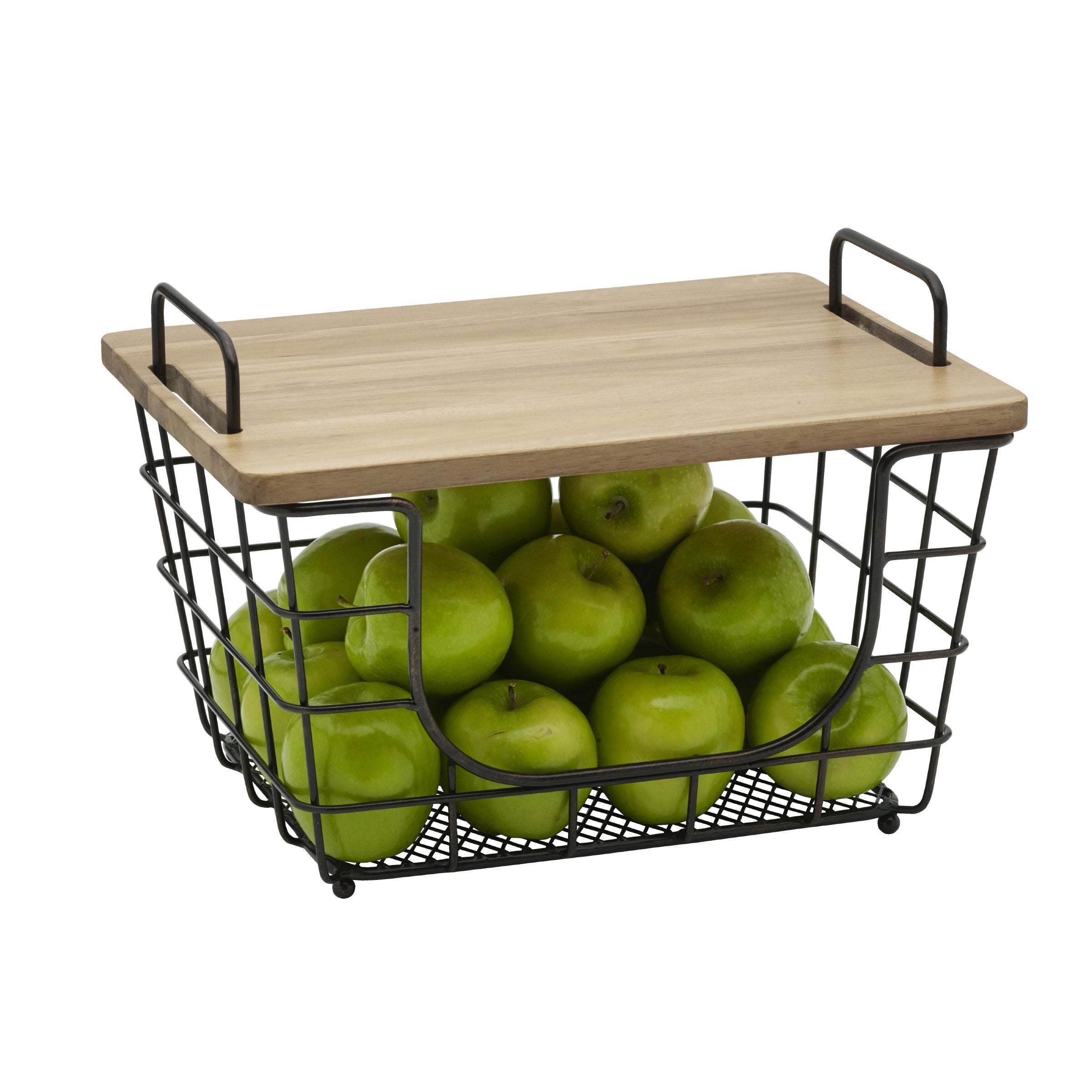 Gourmet Basics by Mikasa Madam Metal Stacking/Nesting Rectangular Basket with Acacia Lid  Antique Black