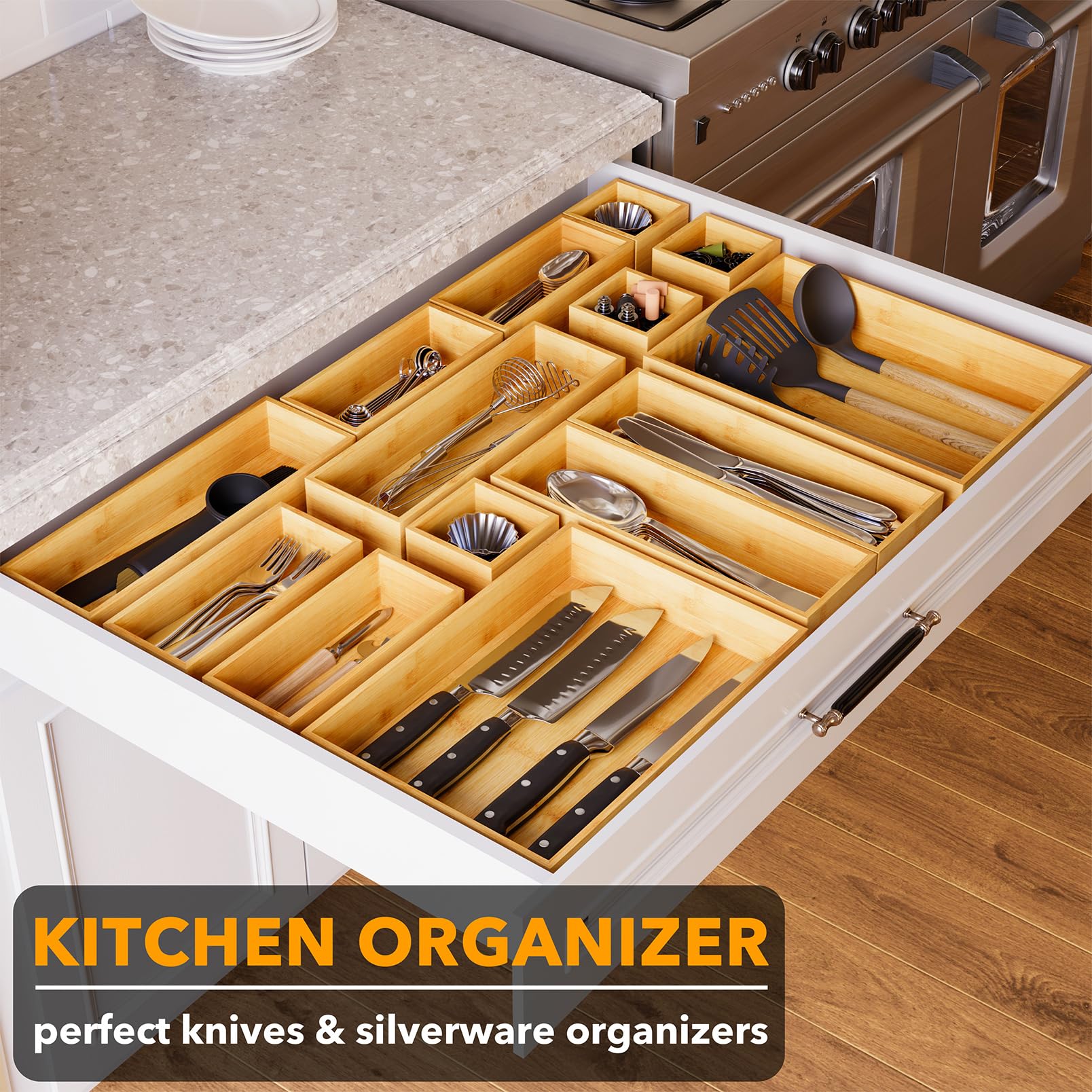 SpaceAid 14-Piece Bamboo Drawer Organizer Storage Boxes Set, Wood Tray Junk Drawer Organizers Multi-Use Divider Bins for Kitchen