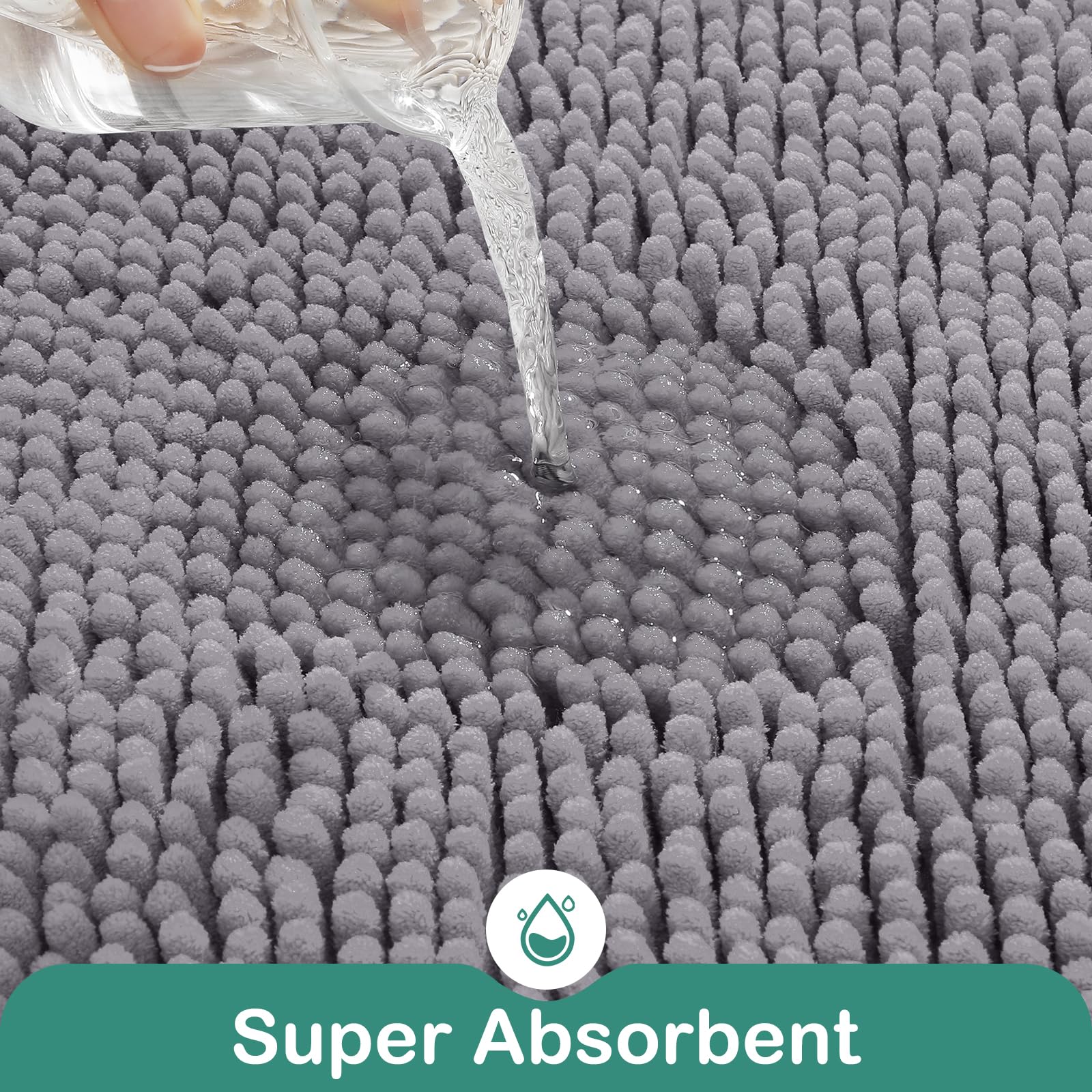 Homeideas Bathroom Rugs Set 2 Pieces, Ultra Soft Non Slip Absorbent Chenille Toilet Bath Mat Set (Grey)