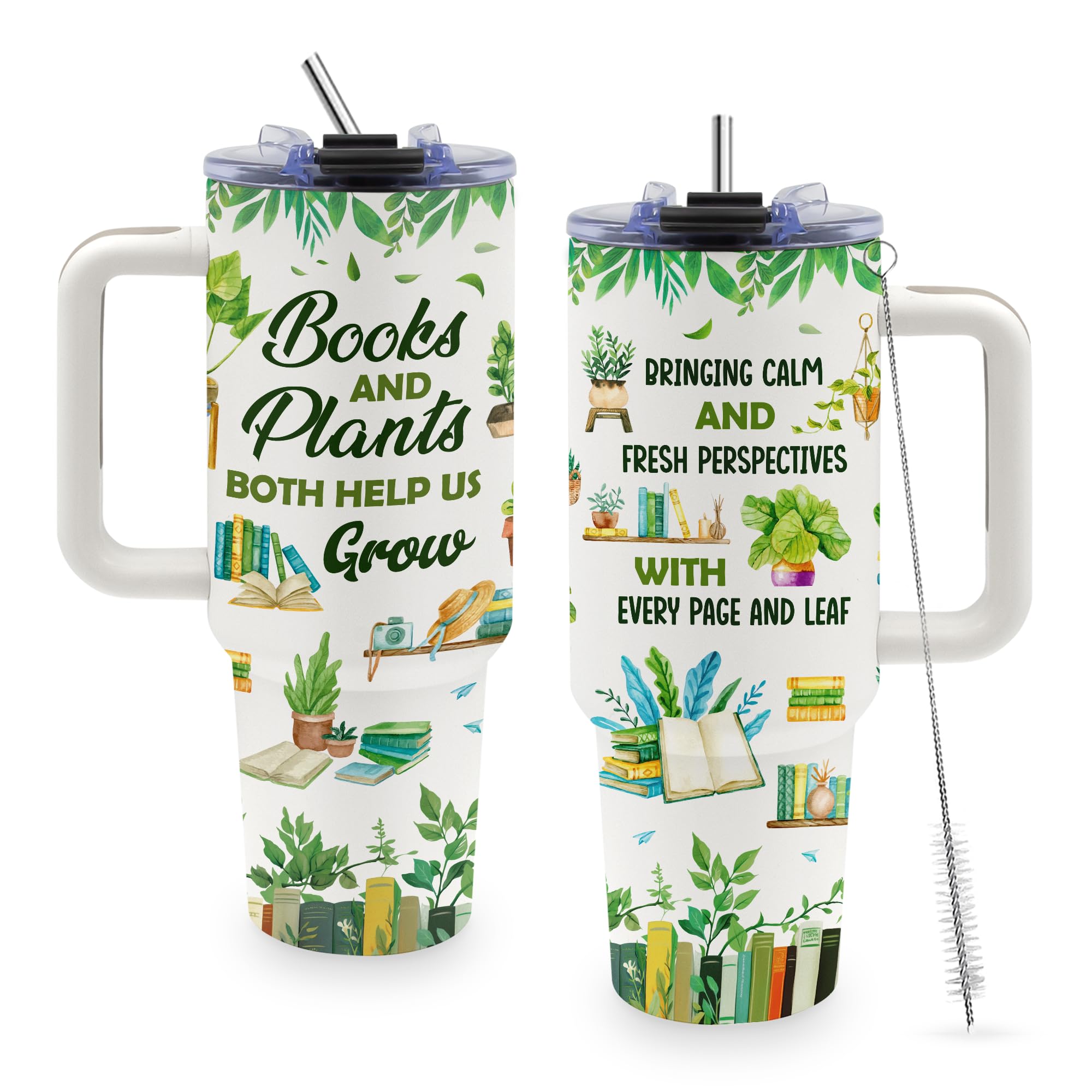 TNASURHUS Book Lover Gifts for Women, 40oz Library Tumbler with Handle and Straw, Gardening Gifts for Plant Lovers, Gardeners, T