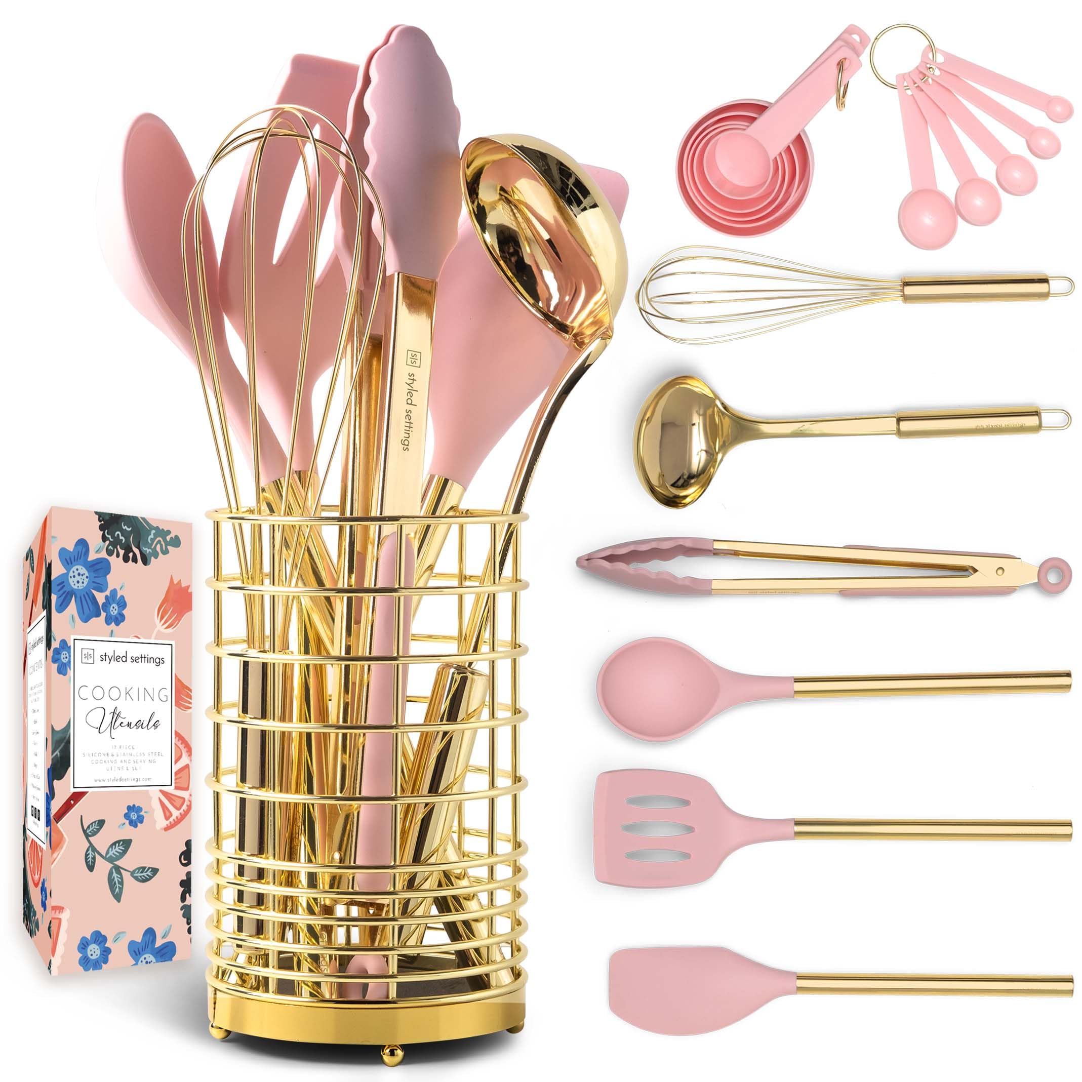 Gold & Pink Kitchen Utensils Set -17 Pc Pink Silicone And Gold Cooking Utensils Set Includes: Gold Utensil Holder, Pink Measurin