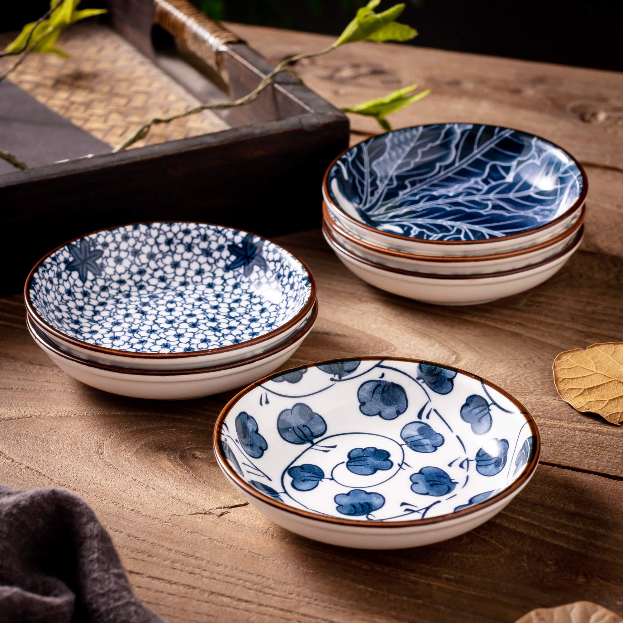 Swuut Ceramic Dipping Bowls Set of 6, 4" Blue and White Soy Sauce Dishes for Sushi, Snack, and Dip - KYB001