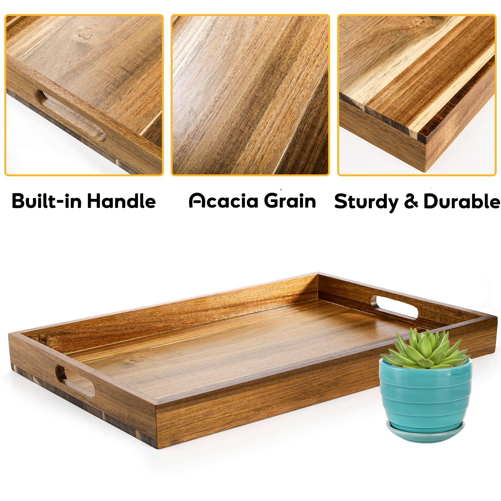 Youeon 2 Pack Large Acacia Wood Serving Tray With Handles, 17X12 Inch Decorative Wood Trays For Serving Food, Party, Rectangle O