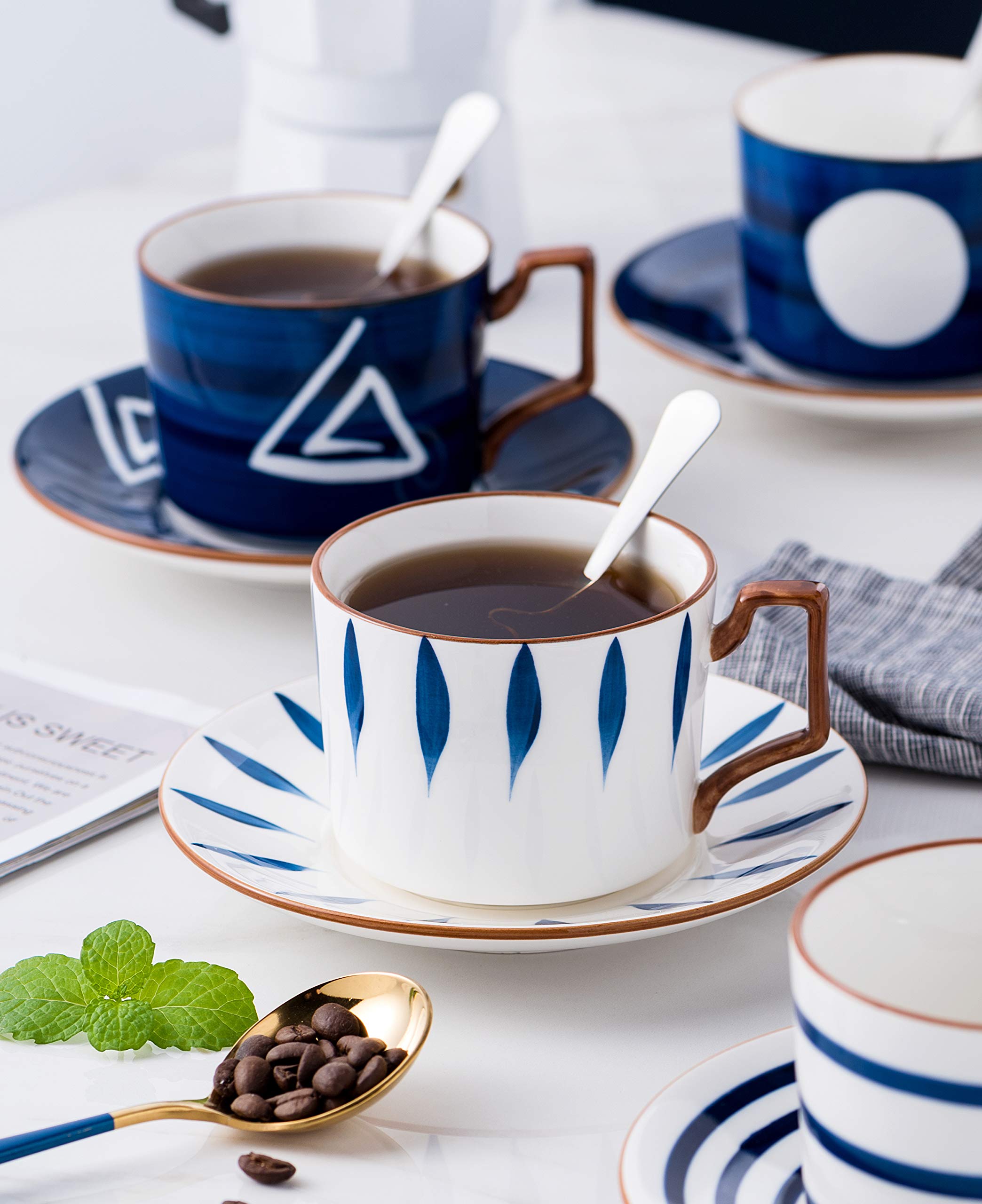 Jusalpha Japanese Style Hand Printed- 7Oz Fine China Tea Cup/Coffee Cup With Spoon And Tray/Saucer Set, Tableware, Serve Of 4, T