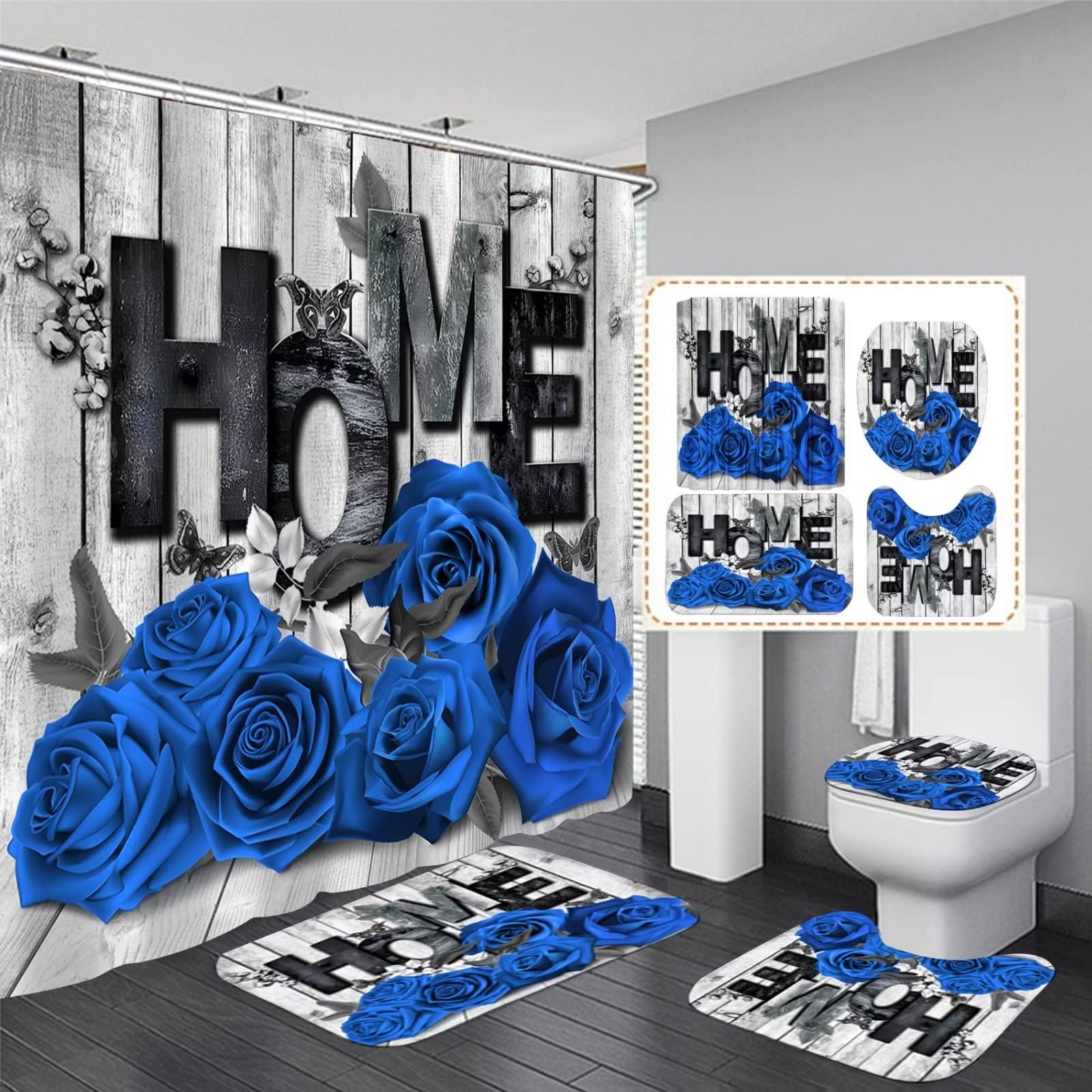 Yddsky Blue Rose 4 Pcs Shower Curtain Sets Non-Slip Rugs Bath Mat Toilet Cover U Shaped Mat Black Blue Shower Curtain With 12 Ho