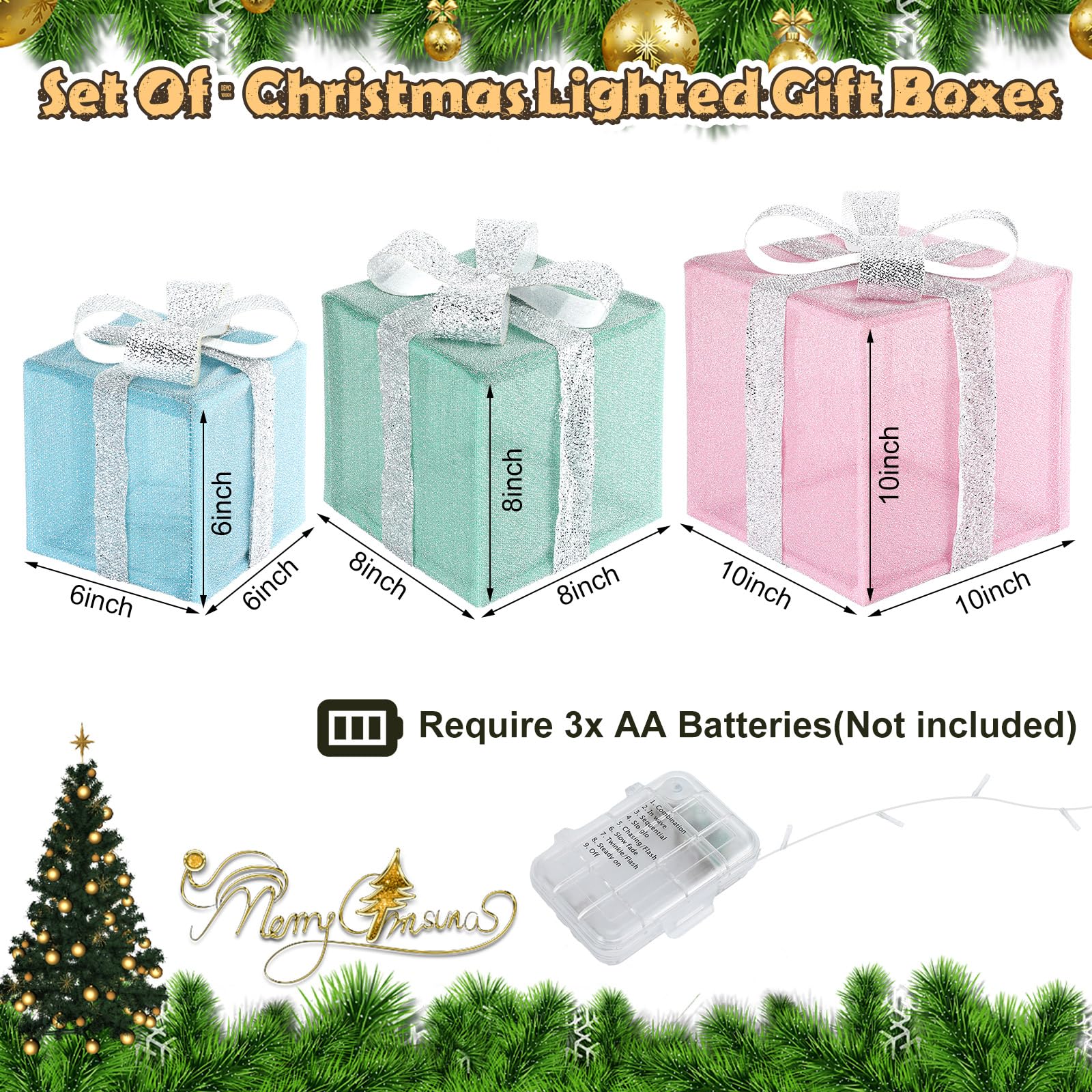 Threehoney 3 Pcs Pastel Christmas Lighted Gift Boxes Decoration Light up Present Christmas Packages with 8 Lighting Modes Candy
