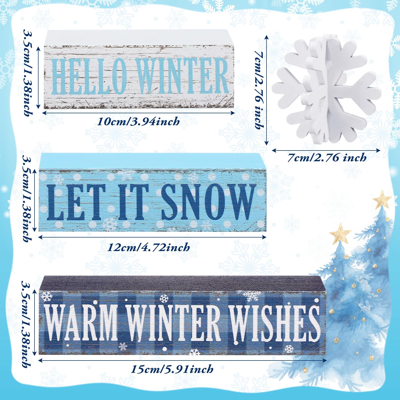 Geelin 4 Pieces Hello Winter Wooden Table Decorations Let It Snow Wooden Signs Rustic Snowflake Tiered Tray Decor Winter Wishes