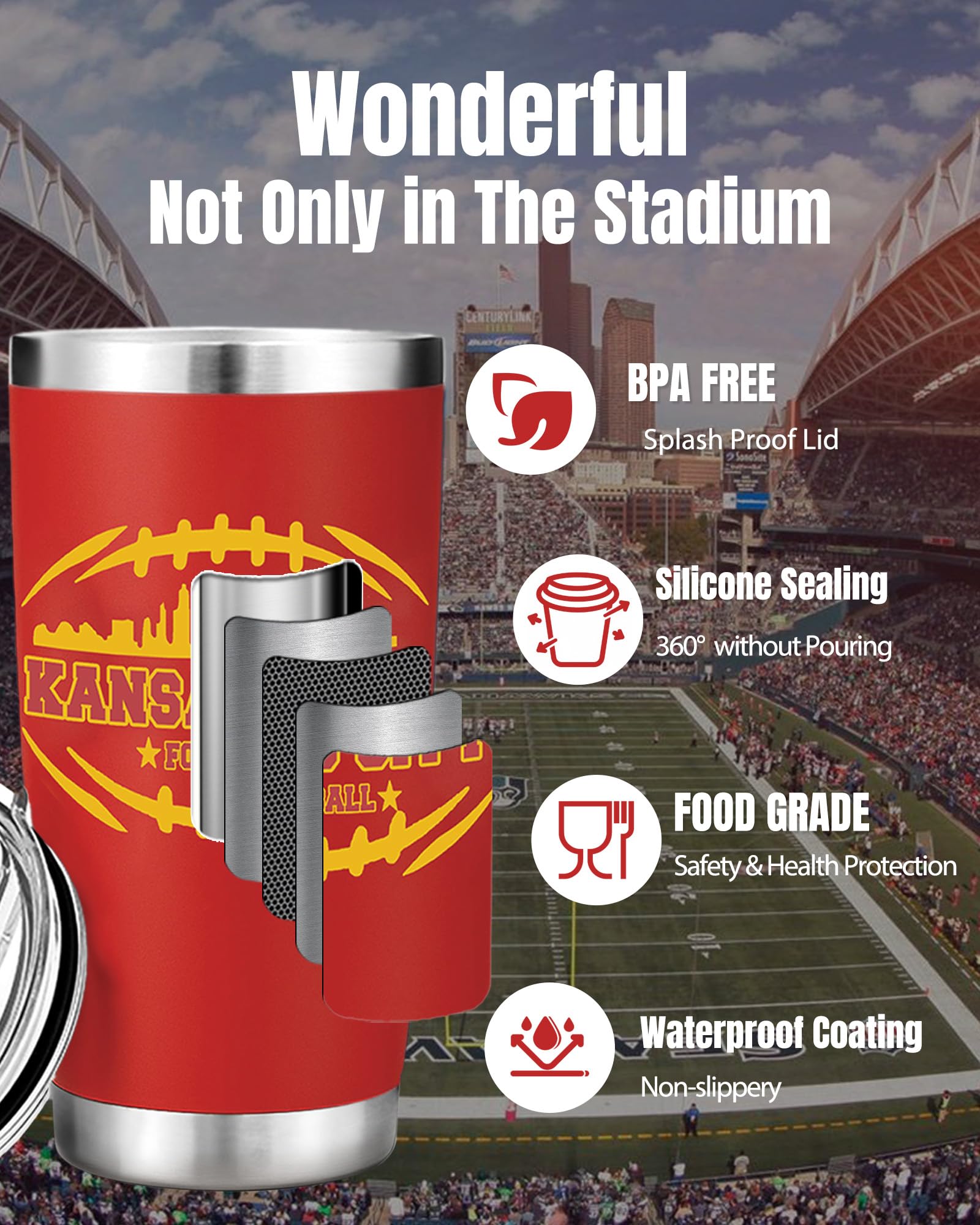 Football Fan 20 Oz Insulated Travel Coffee Cup Mug Tumbler with Lid Kansas City Themed Merch Shop Men Women Sport Stuff Gear App