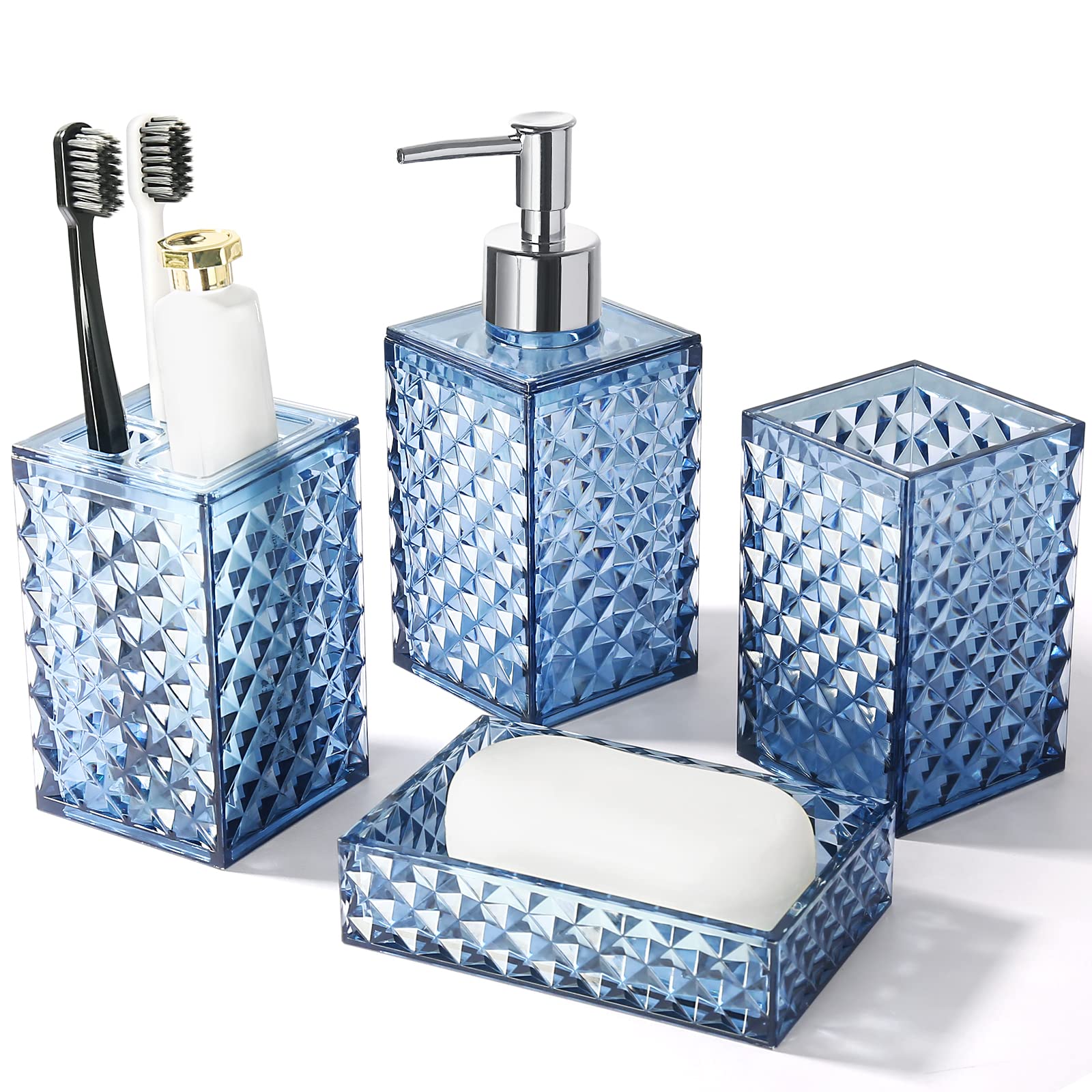 Rytoxilo Bathroom Accessories Set, 4 Pack Blue Acrylic Bath Accessory Sets Complete, Diamond Soap Dispenser And Toothbrush Holde