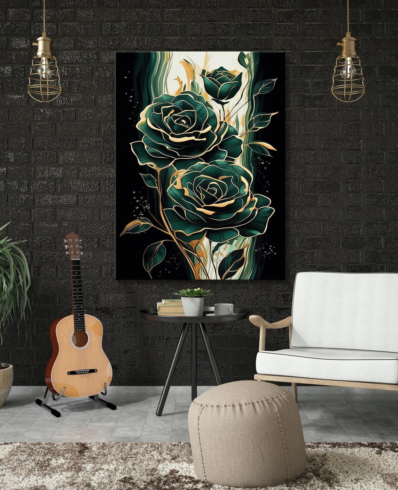 Emerald Green Flower Wall Art Gold Emerald Rose Wall Decor Modern Floral Canvas Print Painting Picture Artwork For Bedroom Bathr