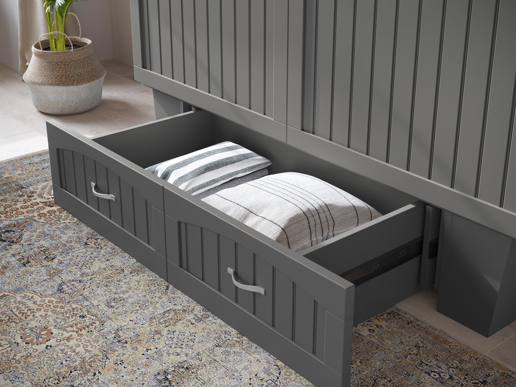 Afi, Nantucket Queen Murphy Bed Chest With Mattress, Storage Drawer And Built-In Usb Charger, Grey