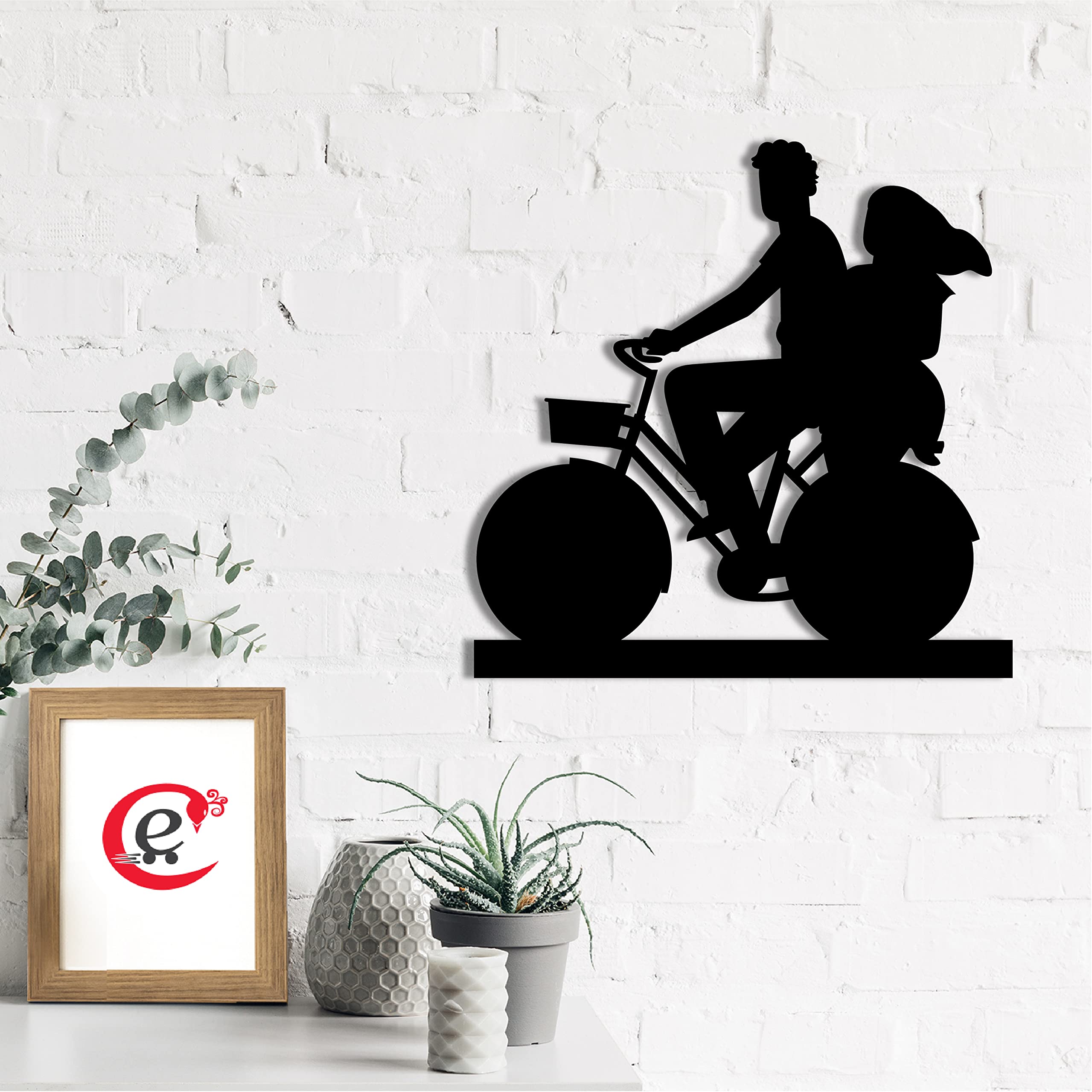 eCraftIndia Couple On Cycle Black Engineered Wood Cutout Wall Art Decor - Unique Wall Hanging For Bikers And Cyclists - Ideal Gi