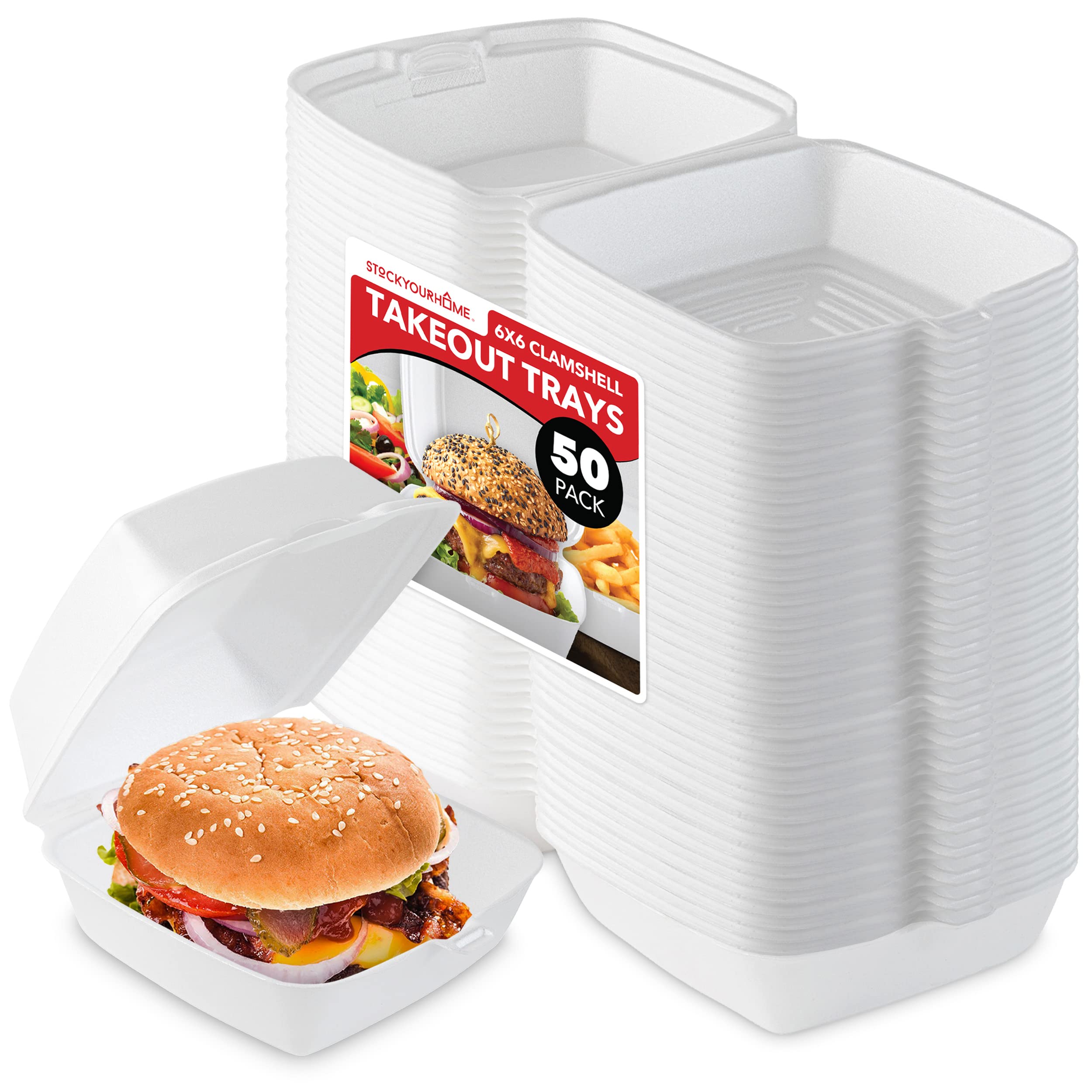 Stock Your Home 6X6 Clamshell Take Out Boxes (50 Pack) Small 1-Compartment Foam Food Containers Disposable Lunch Container, Rest