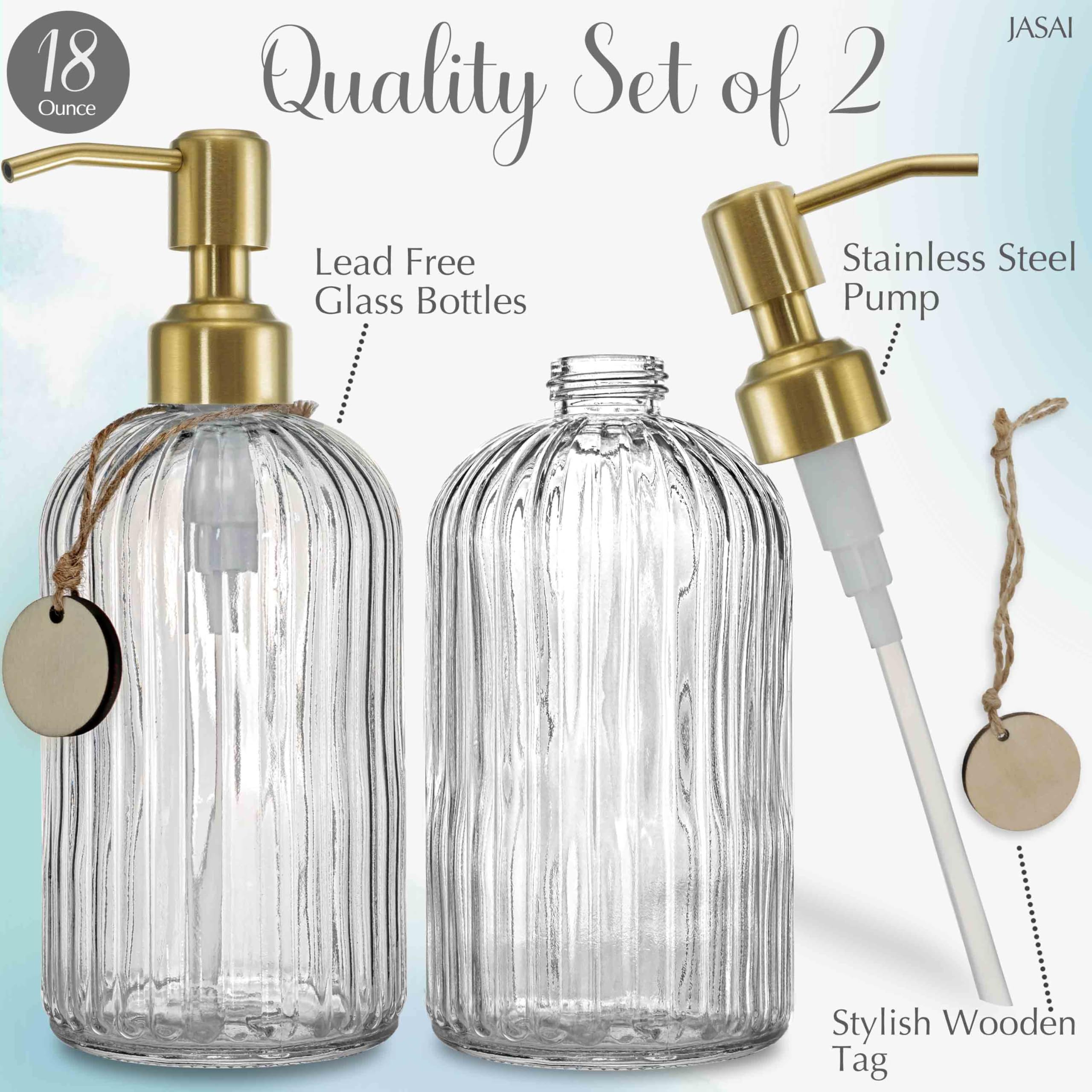 Jasai 2Pack 18Oz Fluted Glass Soap Dispenser With Golden Rust Proof Pump, Refillable Kitchen Soap Dispenser With Vertical Stripe