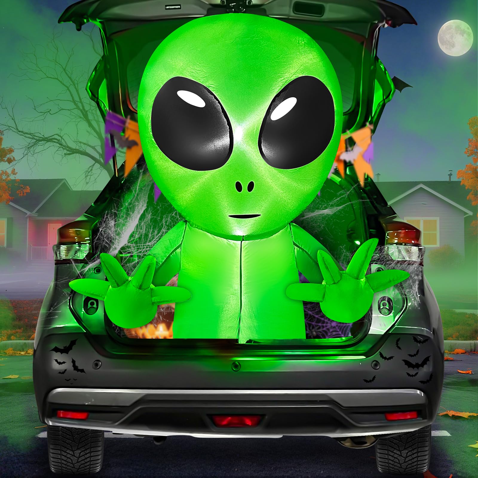 3.5 Ft Halloween Inflatable Alien Trunk Or Treat Car Decoration with Built-in LEDs, Halloween Blow Up Alien Broke Out from Car D