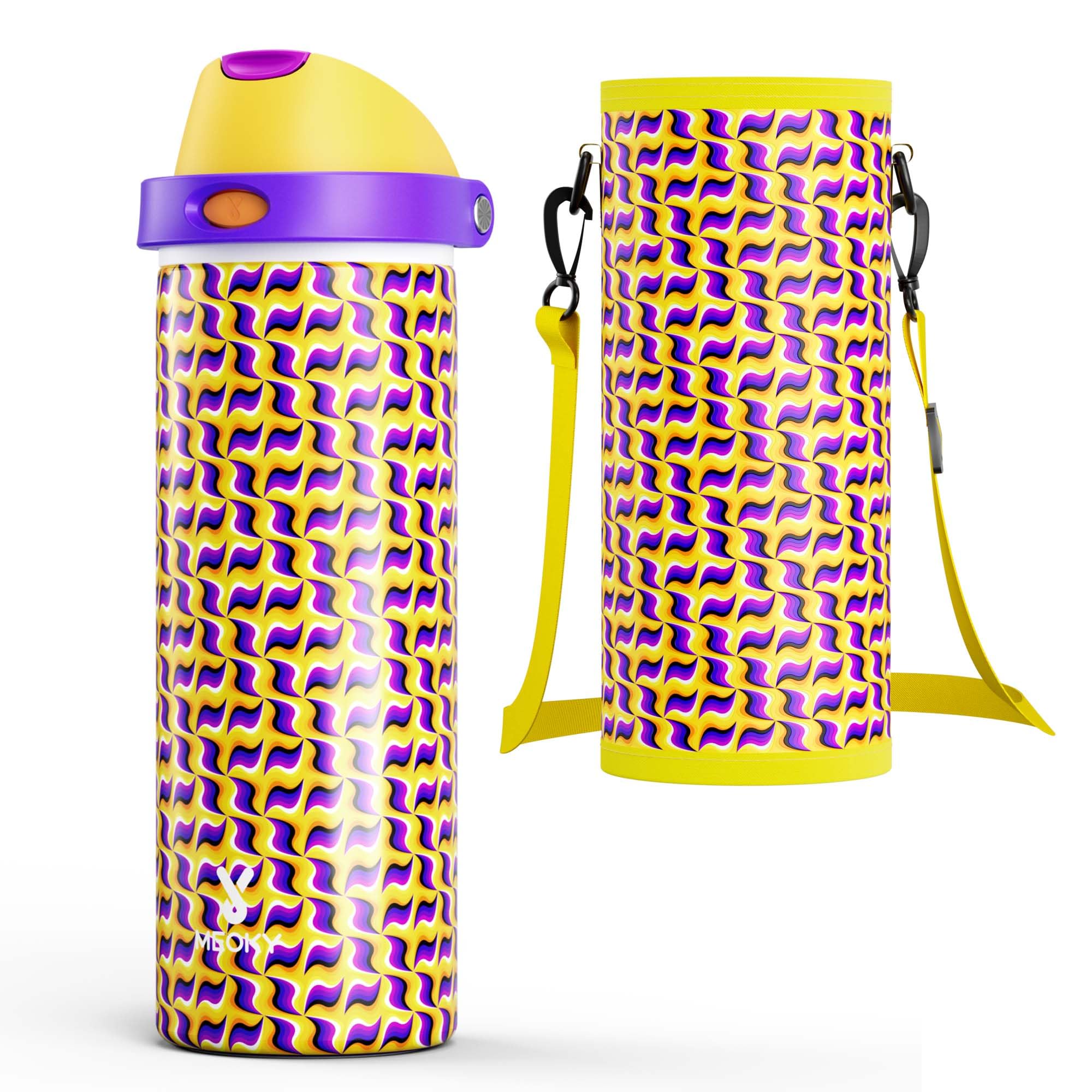 24 oz Insulated Water Bottle with Straw: Meoky Stainless Steel Water Bottle with Holder and Strap - Leak Proof, Cold for 24 Hour