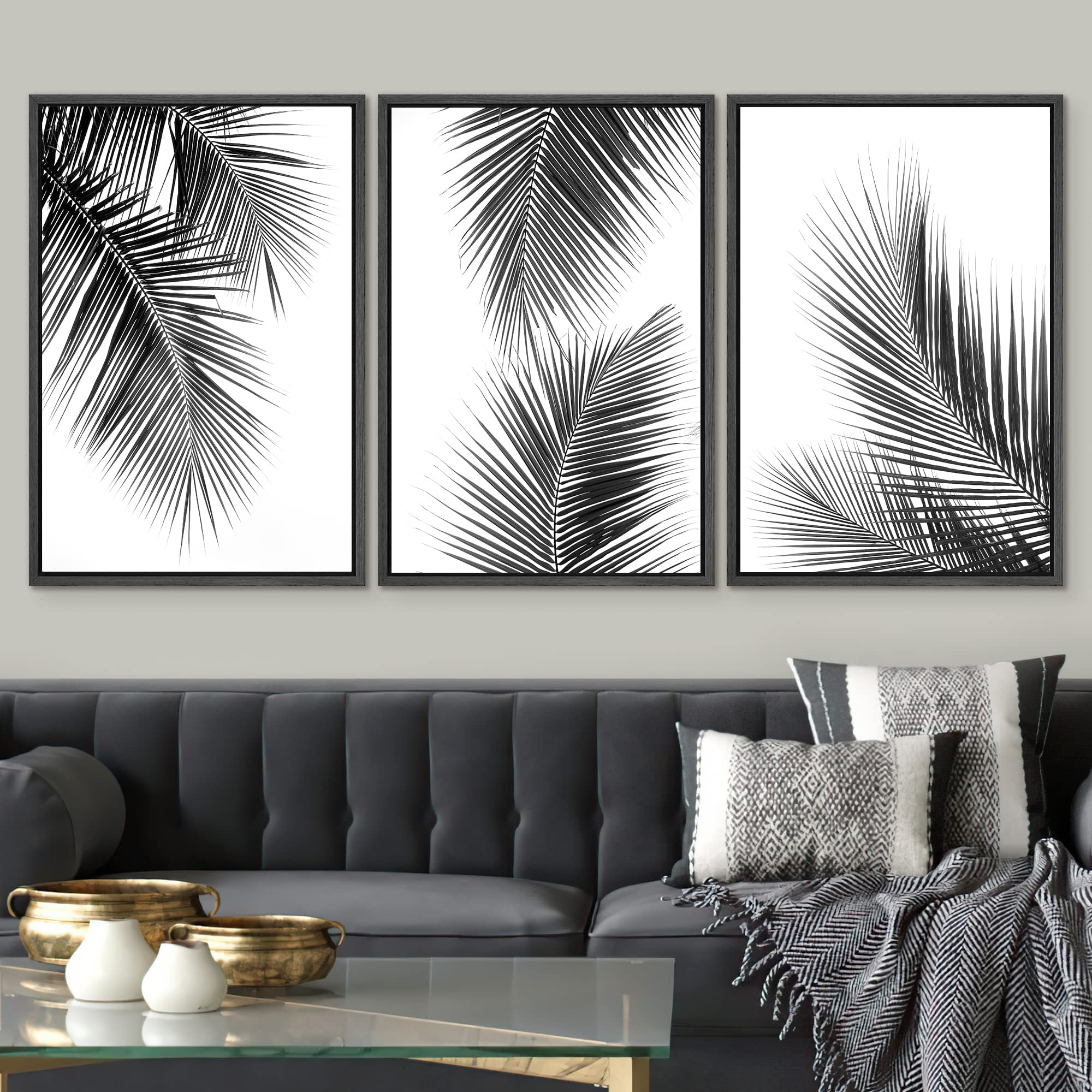 Signwin 3 Piece Framed Canvas Wall Art Black And White Tropical Leaves Canvas Painting Home Artwork Decoration For Living Room,B