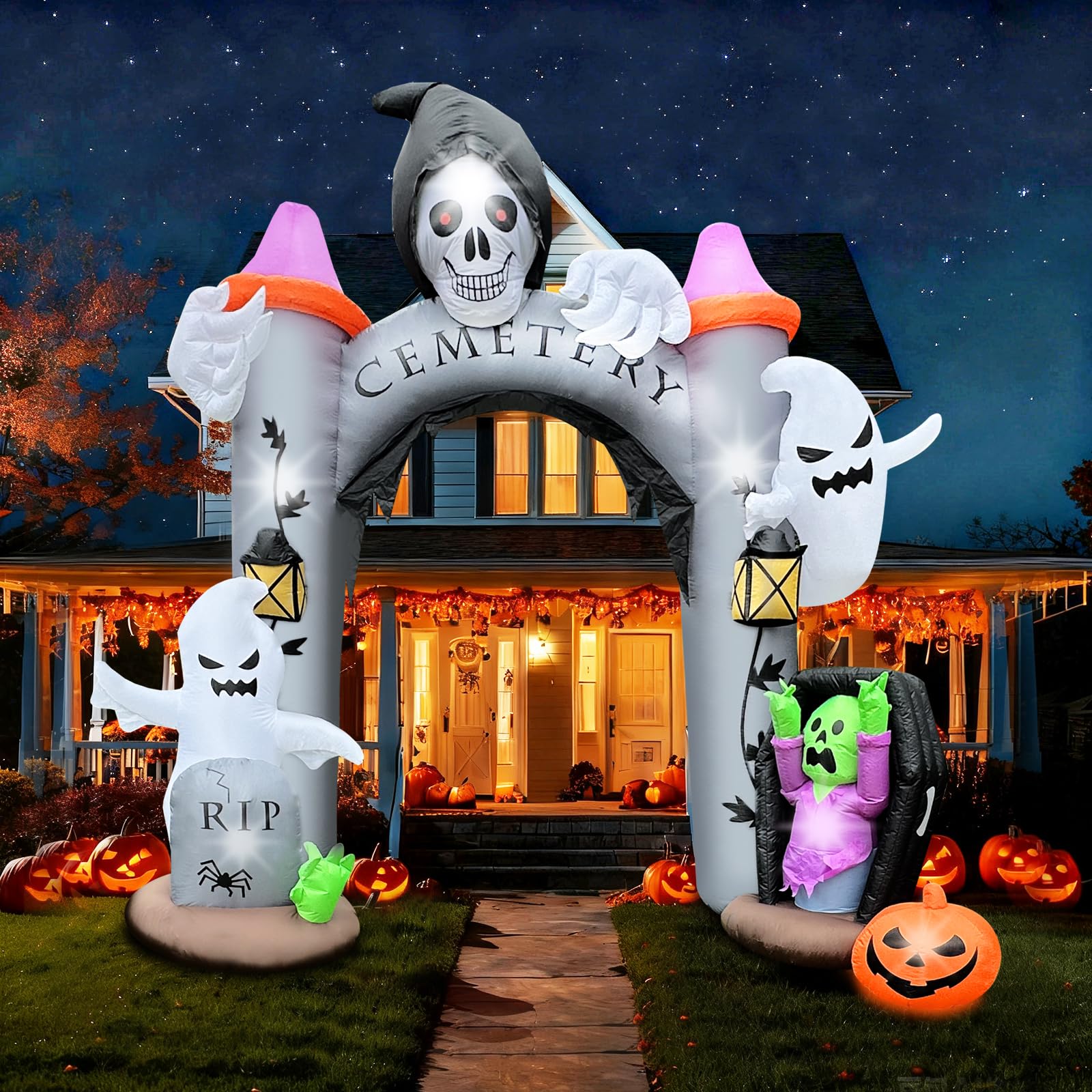12FT Halloween Inflatable Giant Cemetery Archway with Grim Reaper, Pumpkin and Ghost Spooky Scary Party Blow Up Arch Outdoor Dec
