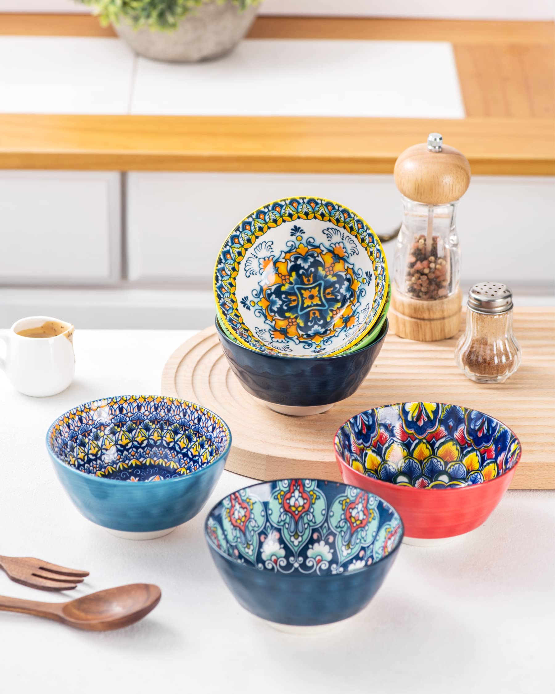 Henxfen Lead Ceramic Snack, Dessert Bowls Set Of 6-12 Oz Colorful Small Bowl Set For Ice Cream, Nut, Condiment - Porcelain Side