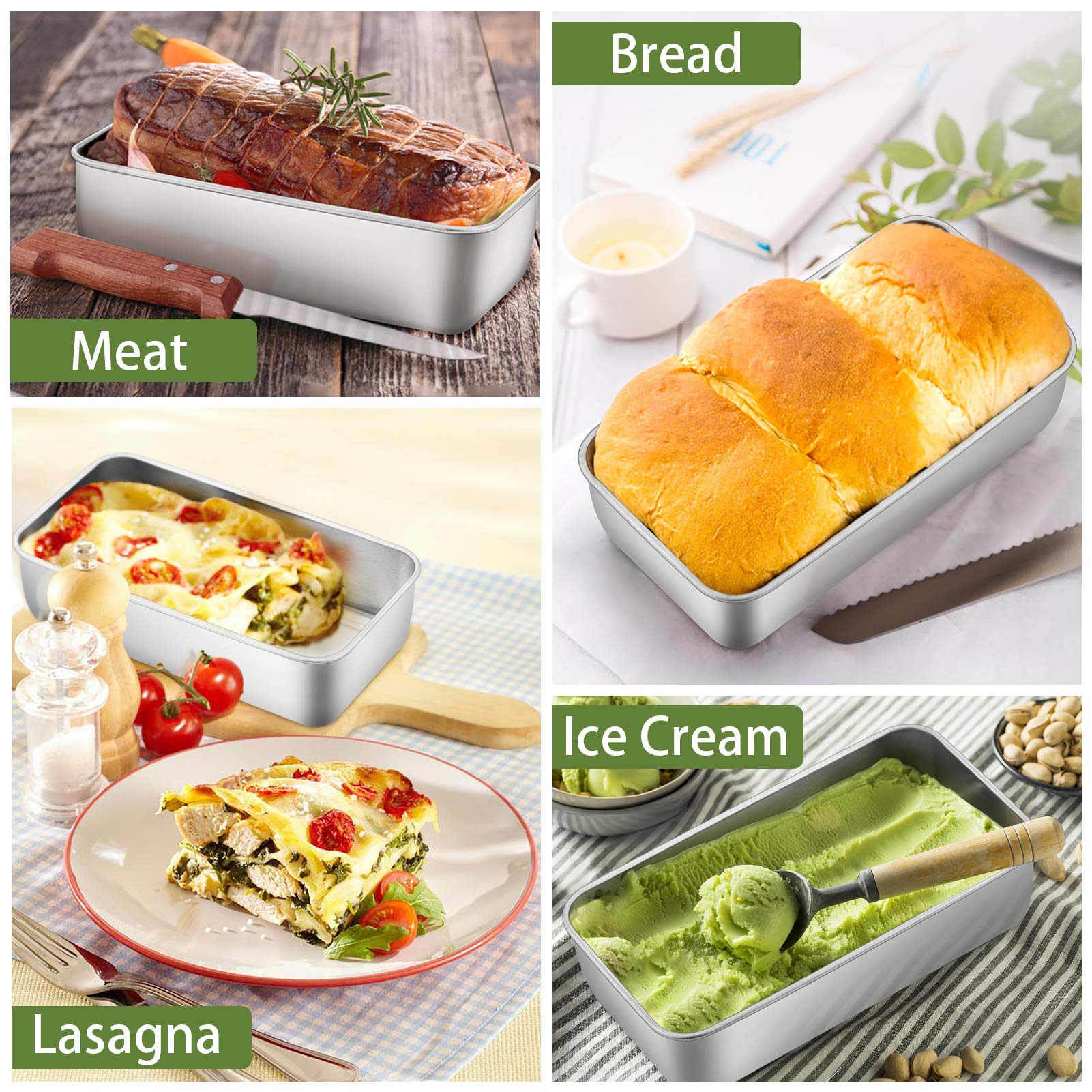 P&P Chef Loaf Pan Bread Baking Pans Set Of 3, 9 Inch Stainless Steel Bakeware For Bread Meatloaf Lasagna Cake Toast, Food Safety