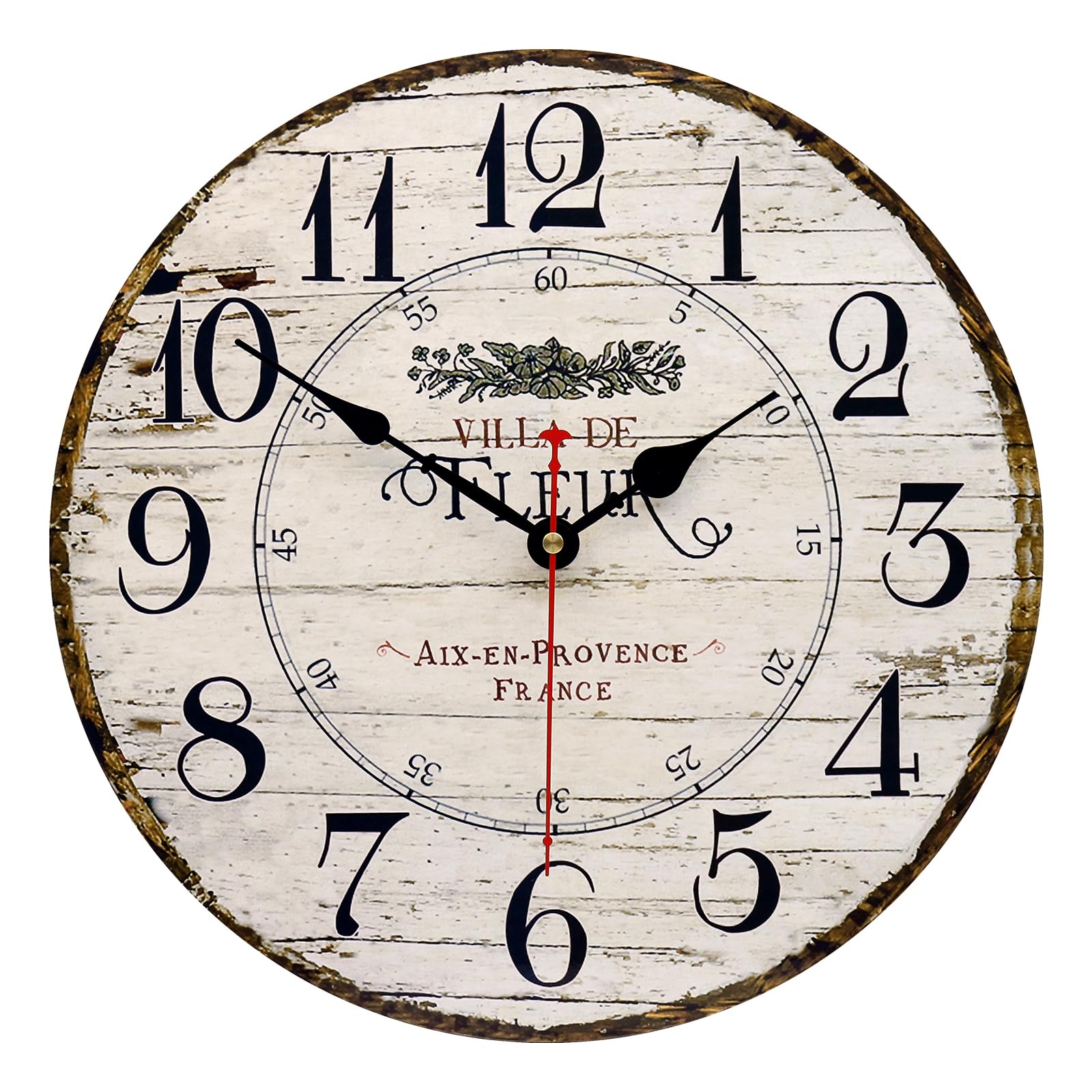 Toudorp 14 Inch Wooden French Country Style Silent Wall Clock, Battery Operated, Non Ticking, Quality Quartz, Easy To Read, Home
