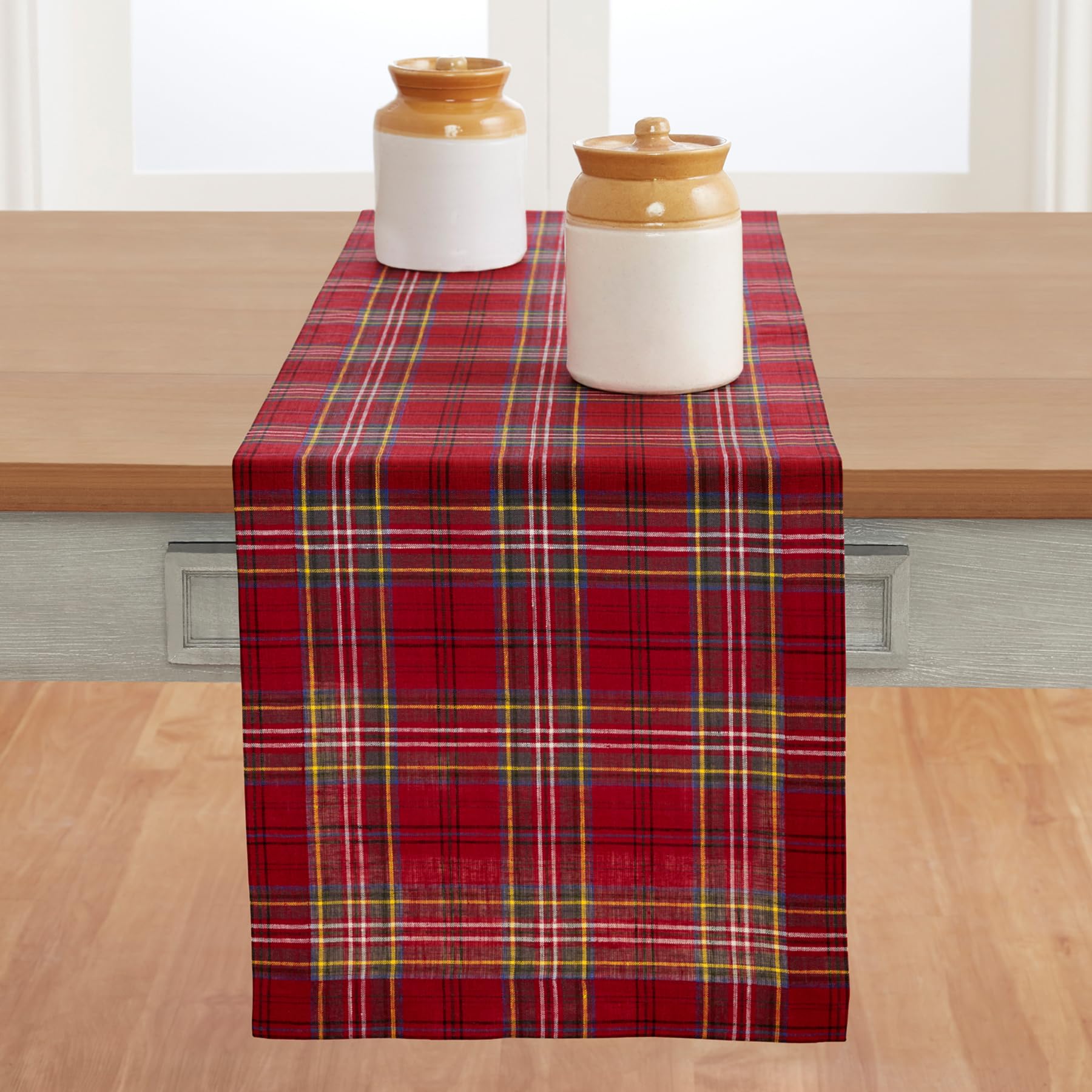 Solino Home Table Runner 144 Inches Long - 100% Pure Linen Classic Red Tartan Plaid Table Runner 14 x 144 Inch for Dining, Winte