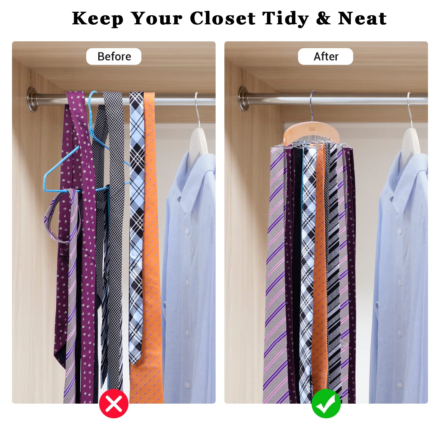 Ohuhu Tie Rack Hanger For Closet, Wooden Tie Holder Organizer Necktie Storage With 24 Folding Hooks, 360 Degree Rotating Tie Rac