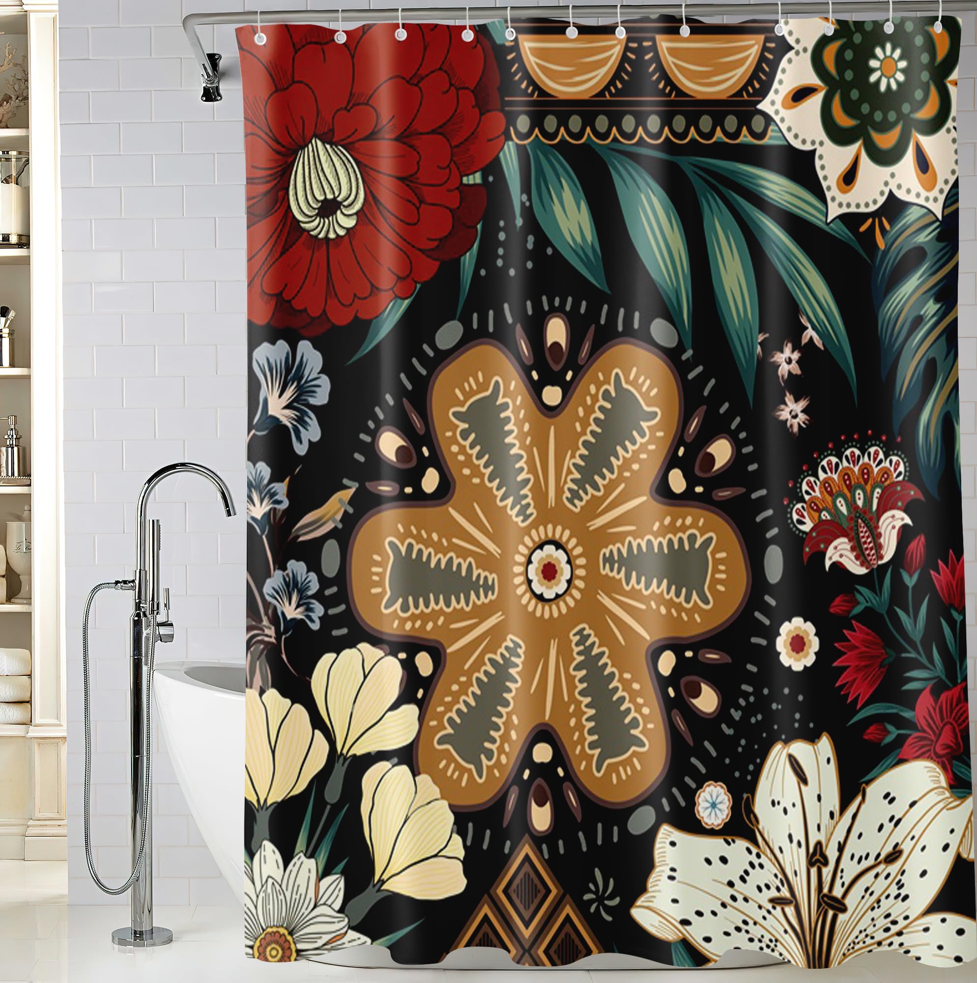 Bivinar Black Boho Floral Shower Curtain, Bohemian Mandala Flower Bathroom Shower Curtain, Fabric Waterproof Shower Curtain With
