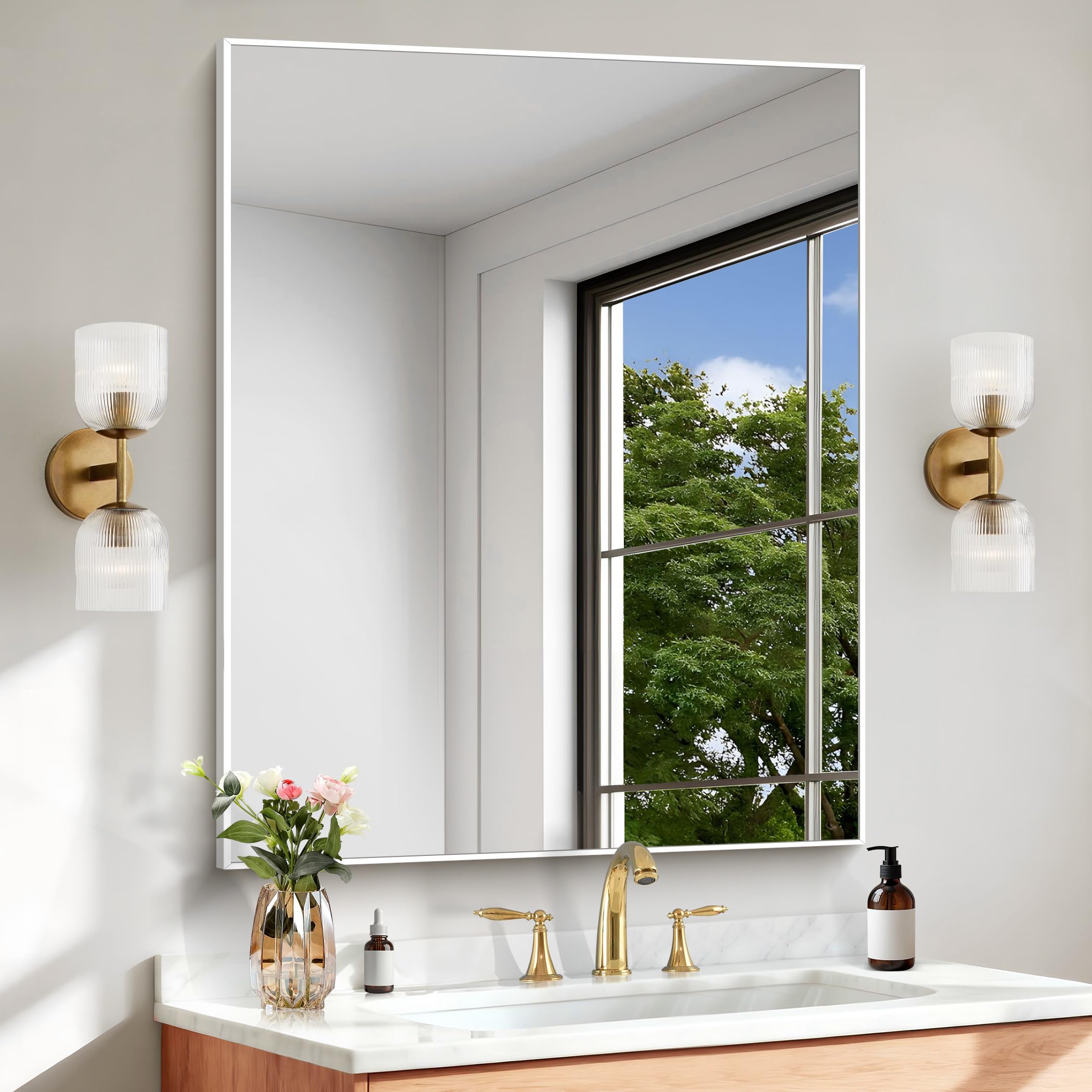 BONEWEI White Bathroom Mirror,30x36 inch Wall Mirror for Bathroom Wall Mounted,Rectangle Mirror for Bathroom Over Sink,Modern Me