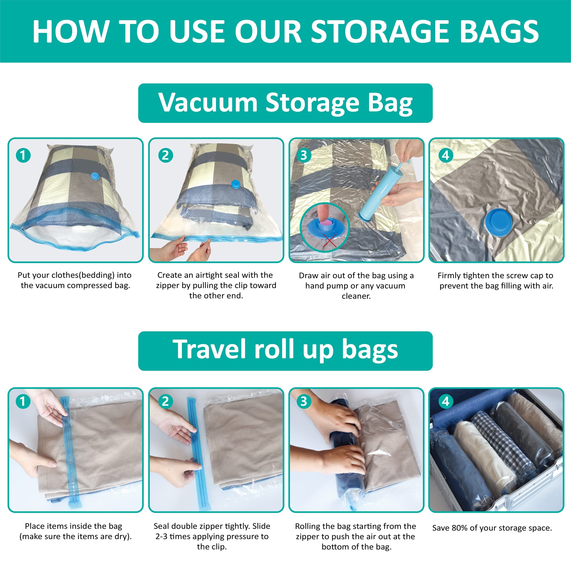 Space Saver Storage Bags  (2 Jumbo/2 Large/3 Medium/3 Small/6 Roll) Compression Vacuum Sealer Bags for Comforters  Blankets  Clothes Storage  Hand Pump Included  16 Pack