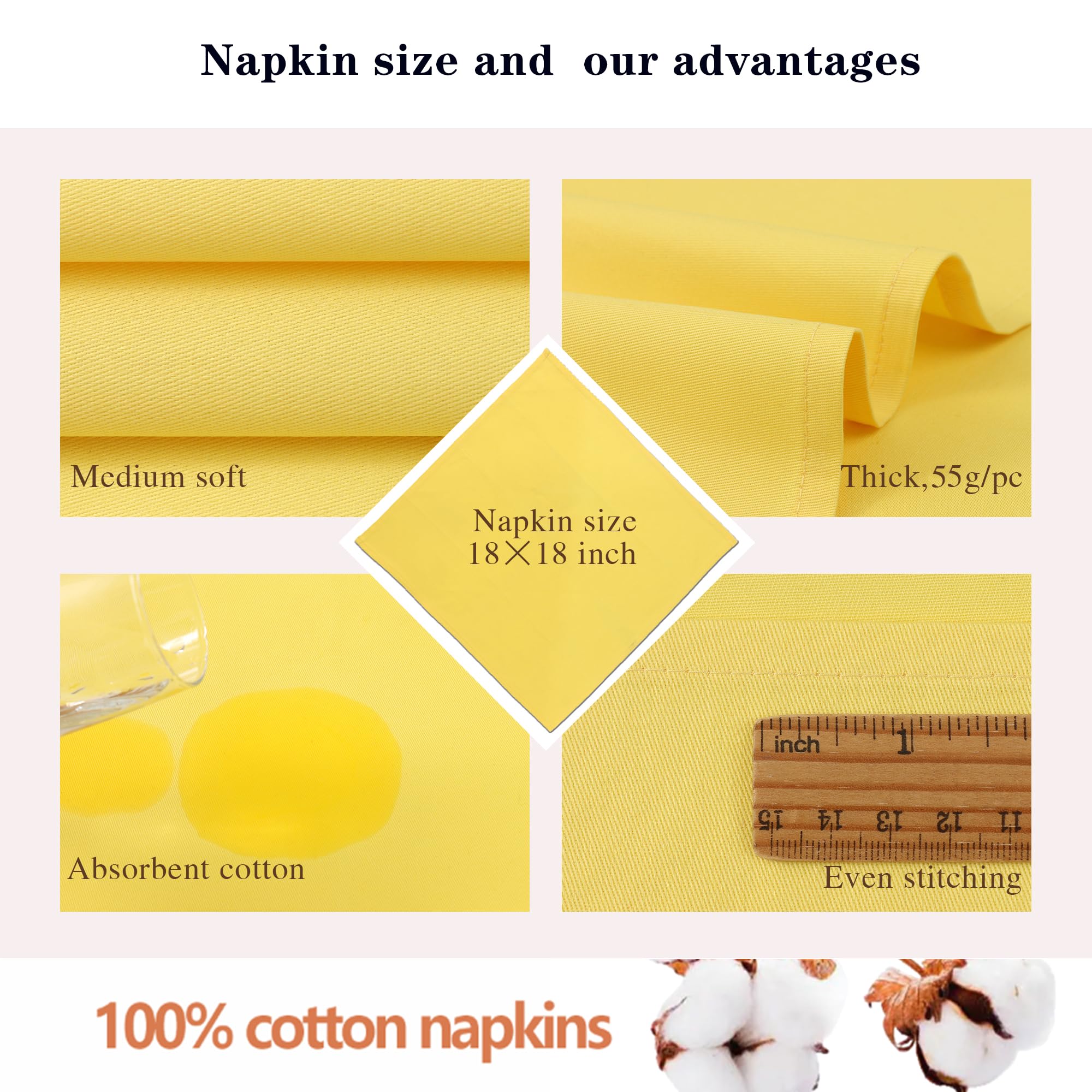 Koffota Jasmine Yellow Cloth Napkins 100% Cotton Set Of 6, Spring Napkins, Easter Table Decortaions For Dinner Soft Comfortable