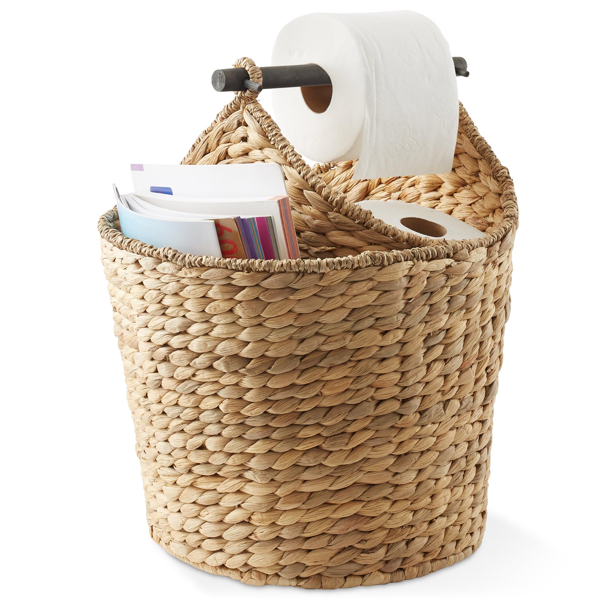 Casafield Toilet Paper Roll Storage Basket with Magazine Holder, Natural - Woven Water Hyacinth Wicker Bathroom Bin for Bath Tis