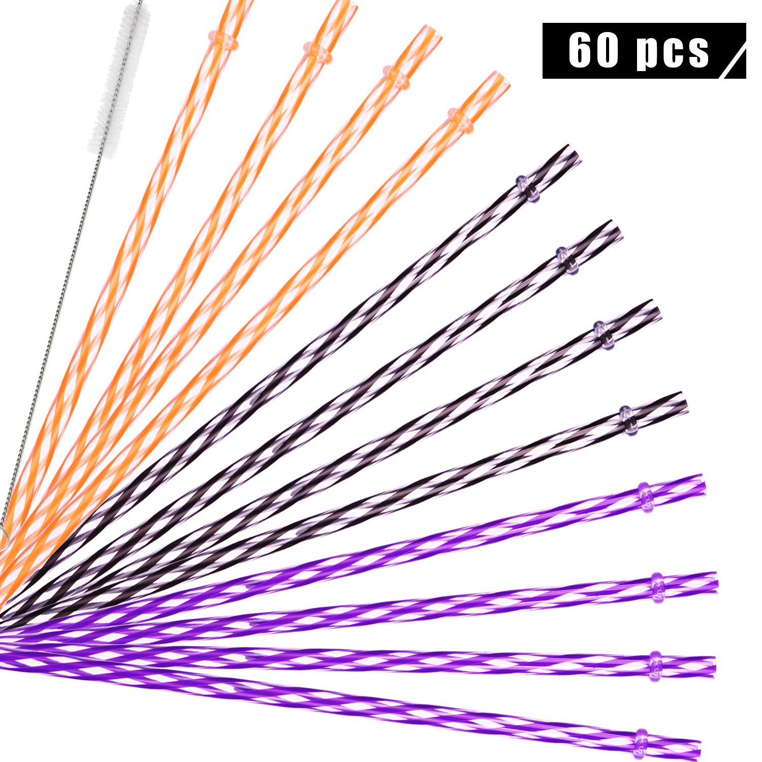 Jovitec 60 Pieces Halloween Straws Plastic Reusable Straw With Straw Cleaning Brush For Halloween Party Family Supply, 9 Inches