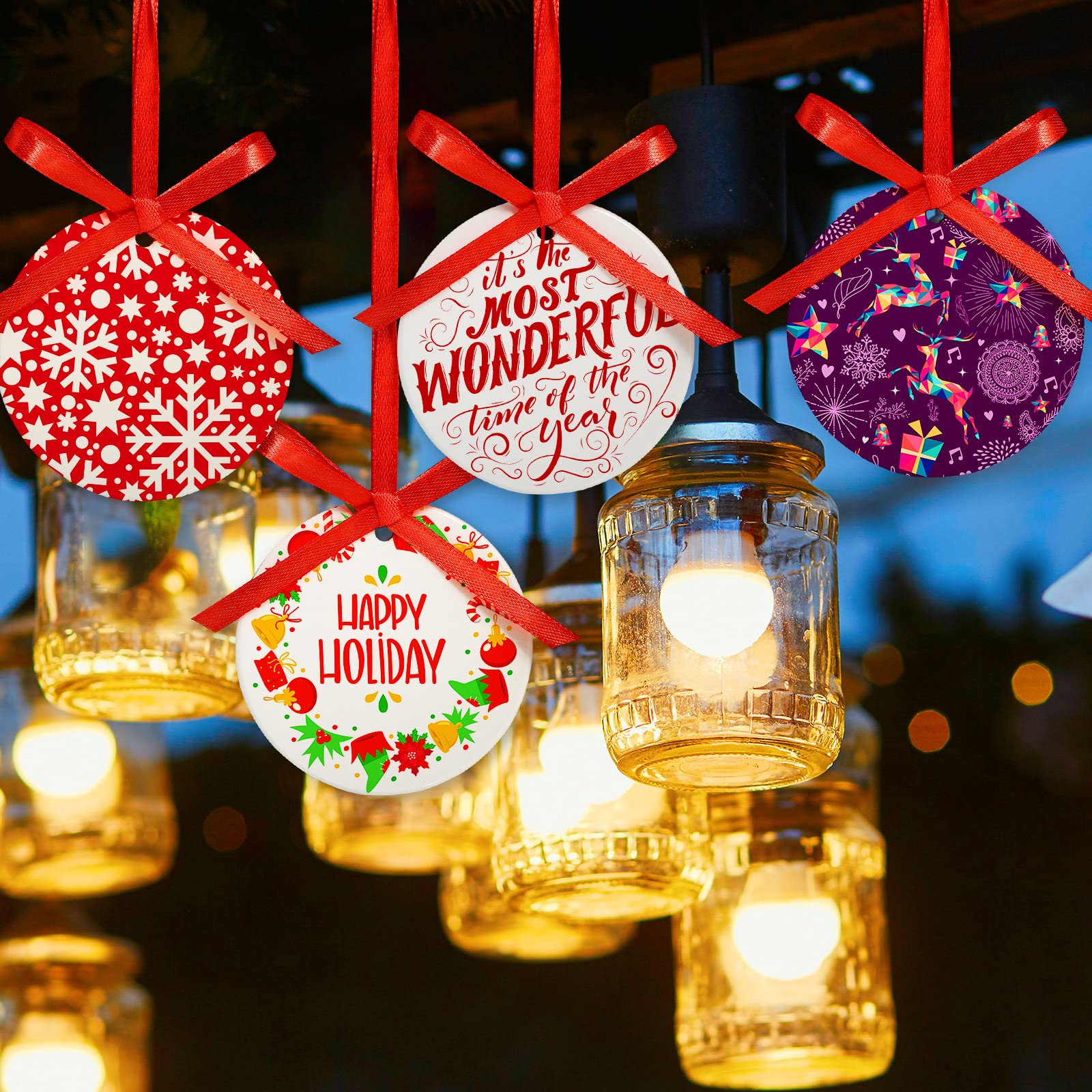 Patelai 15 Pieces Christmas Sublimation Ceramic Ornaments 3.15 Inch Round White Ceramic Christmas Ornaments DIY Blanks with Red