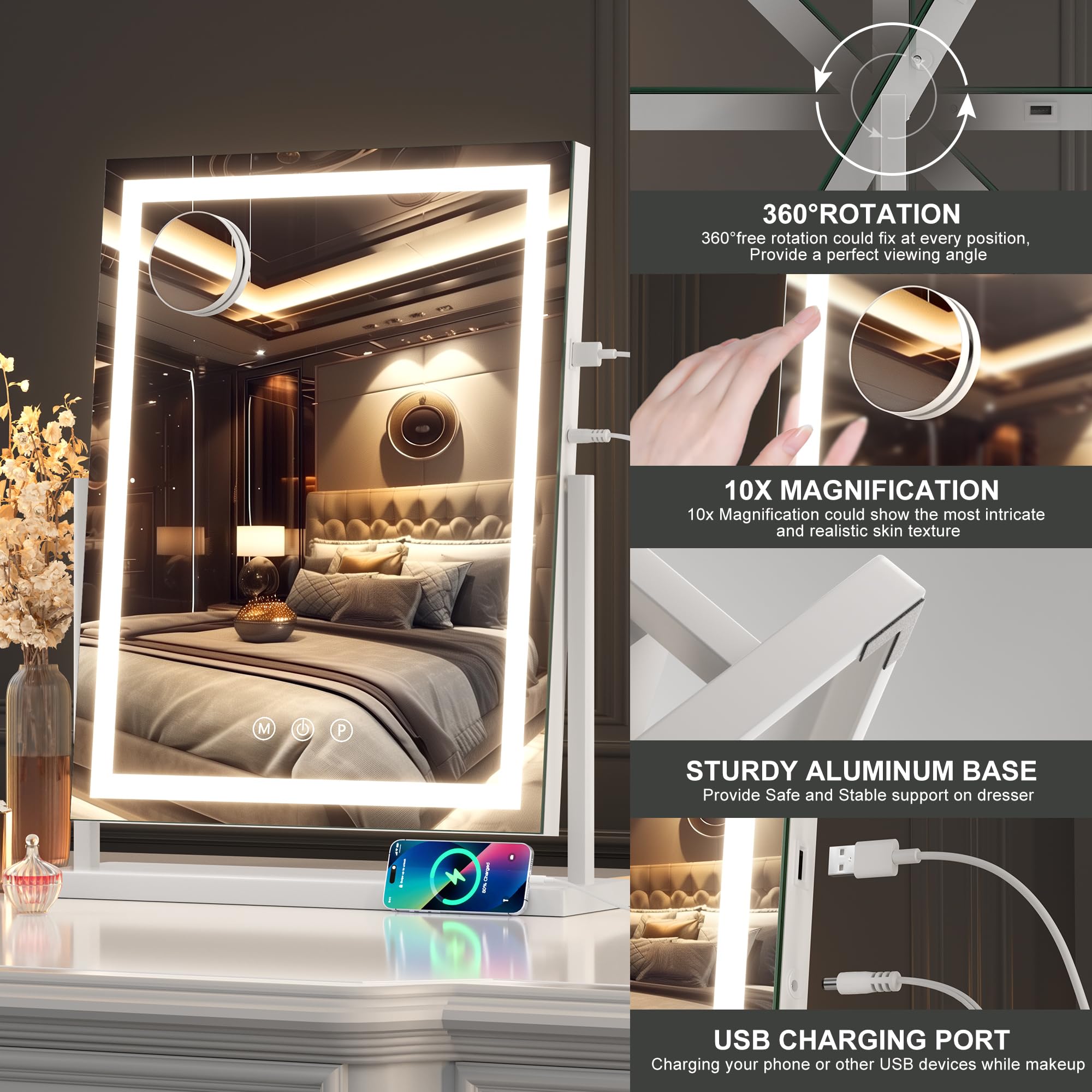 Hasipu Vanity Mirror With Lights, Lighted Makeup Mirror With 10X Magnification, Dimmable 3 Modes, Touch Screen Control, Led Make
