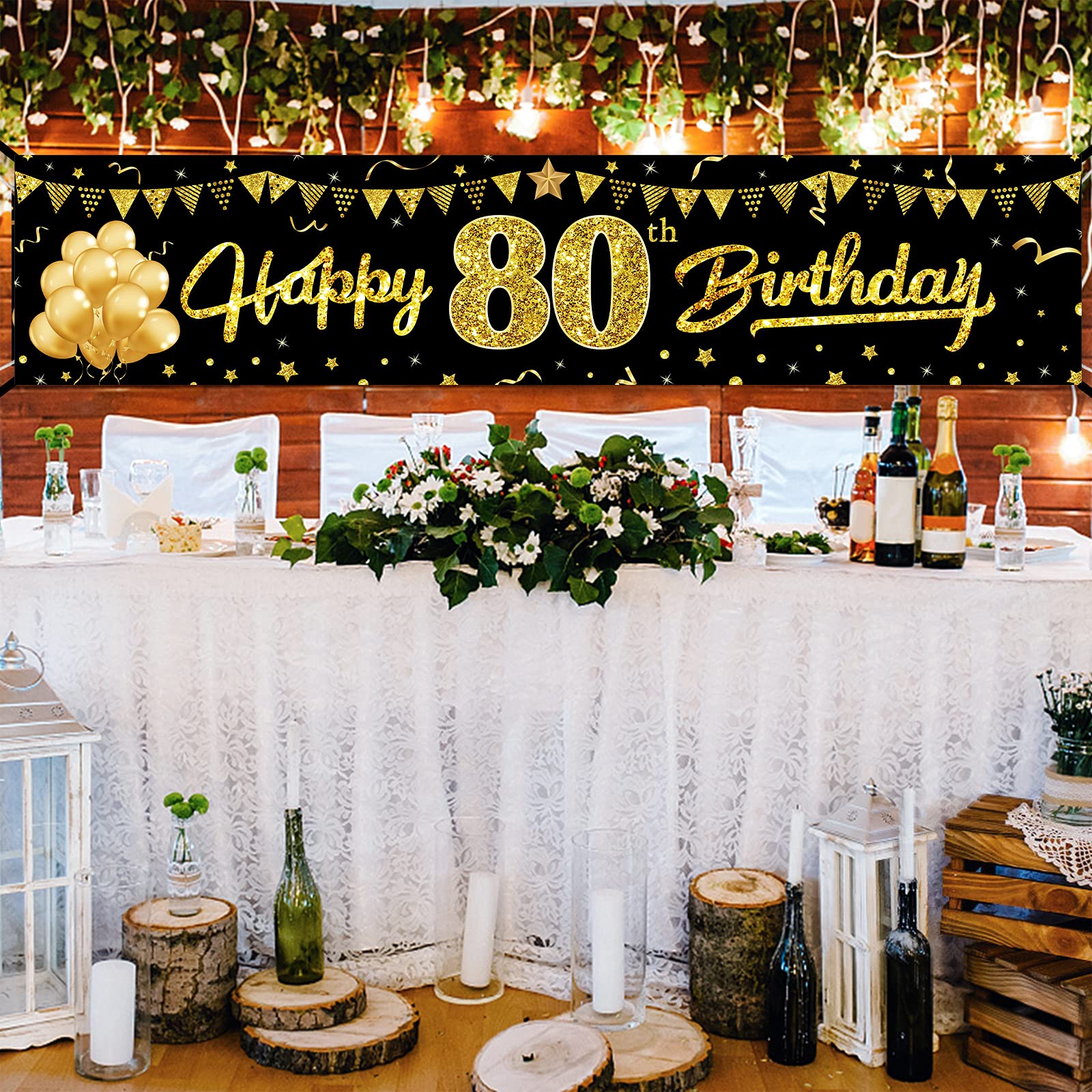 Happy 80Th Birthday Banner Decorations For Women Men, Black Gold 80 Birthday Sign Party Supplies, 80 Year Old Birthday Backdrop