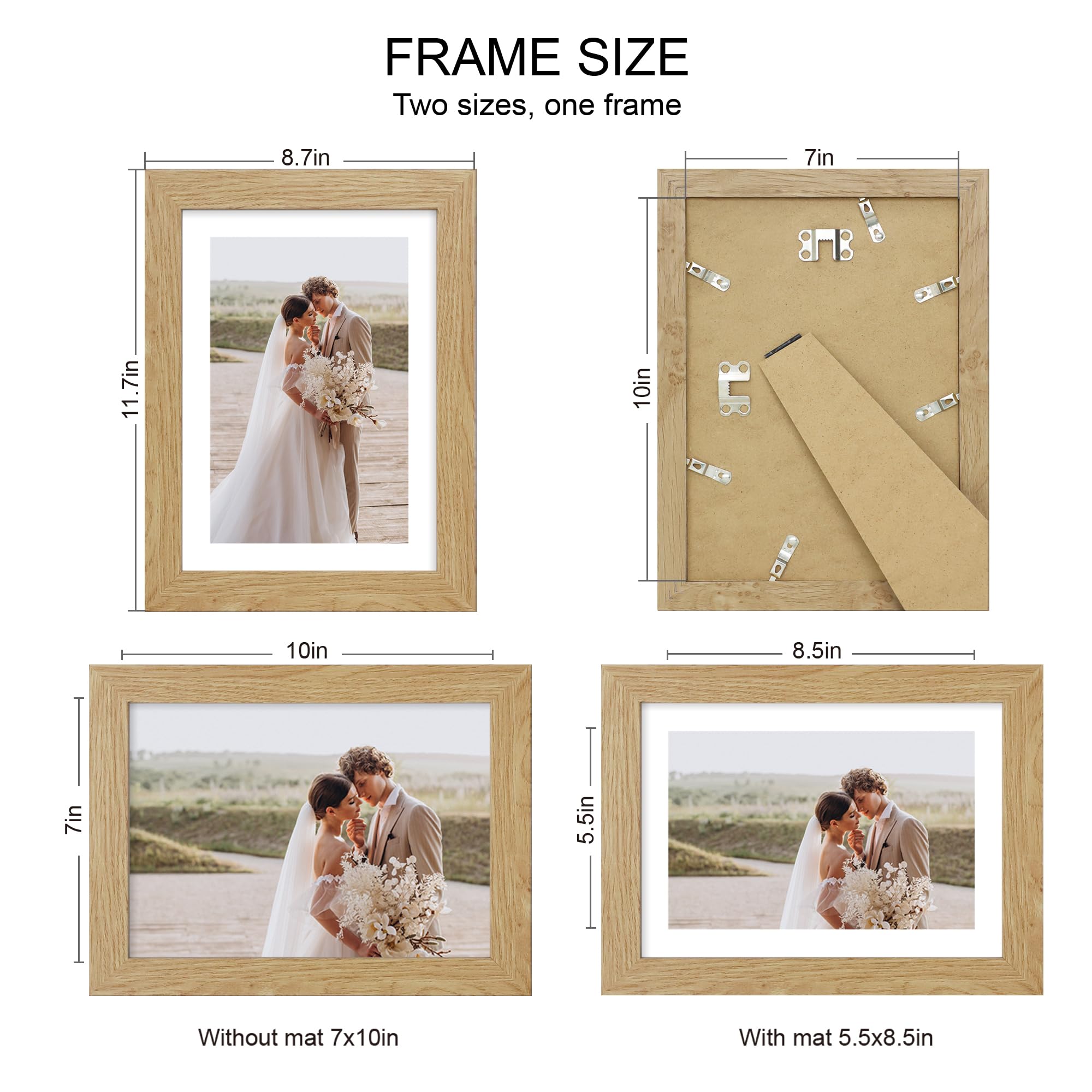 Hongkee 7x10 Picture Frame Set of 4, Made of Real Glass and Natural Oak Frame - Display Picture 5.5x8.5 with Mat or 7x10 Without