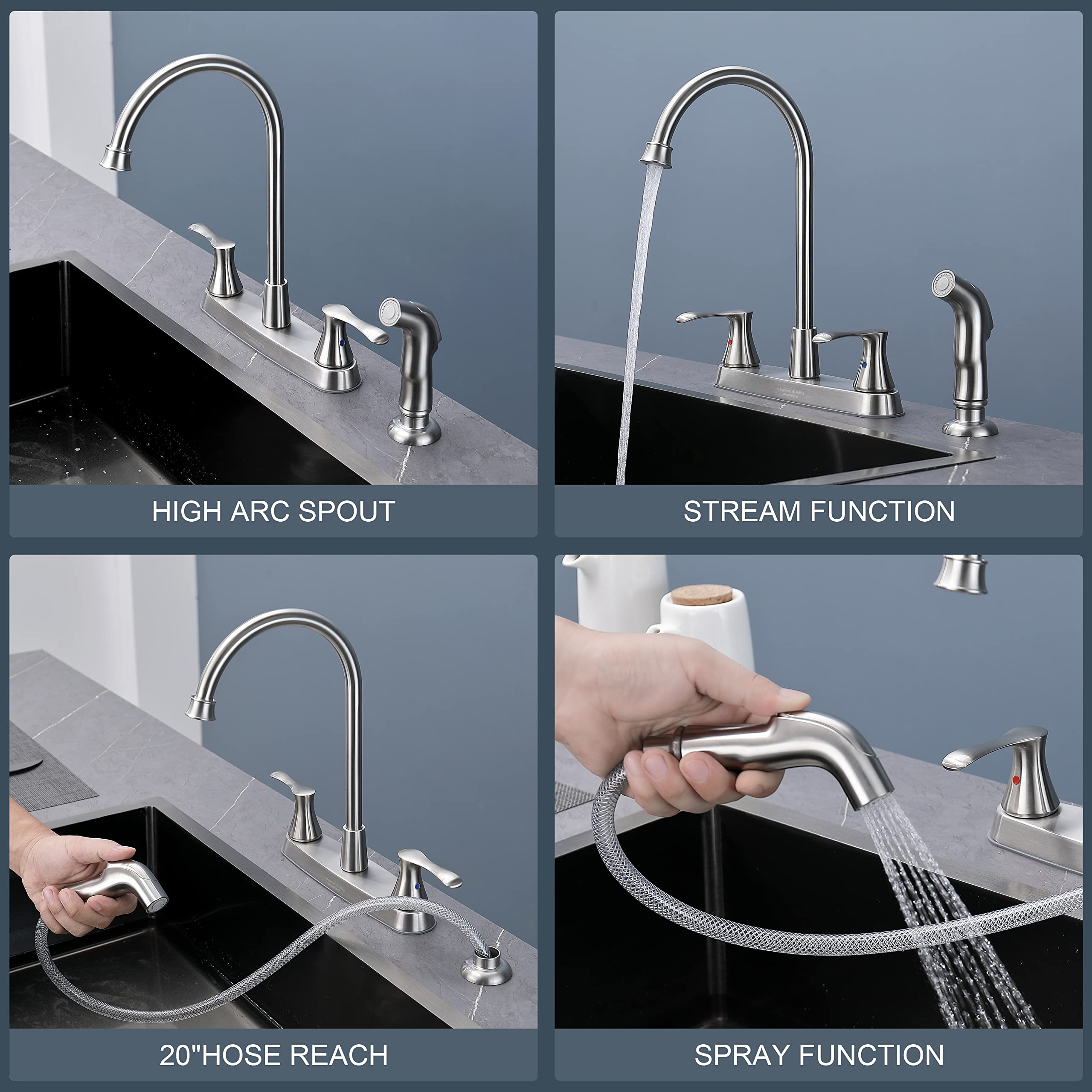 Kirlystone Kitchen Faucet With Side Sprayer, Brushed Nickel 2-Handle Faucet For 4 Holes Kitchen Sink